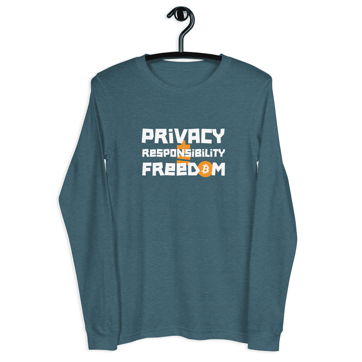 Front view of a heather deep teal colored bitcoin long sleeve tee.