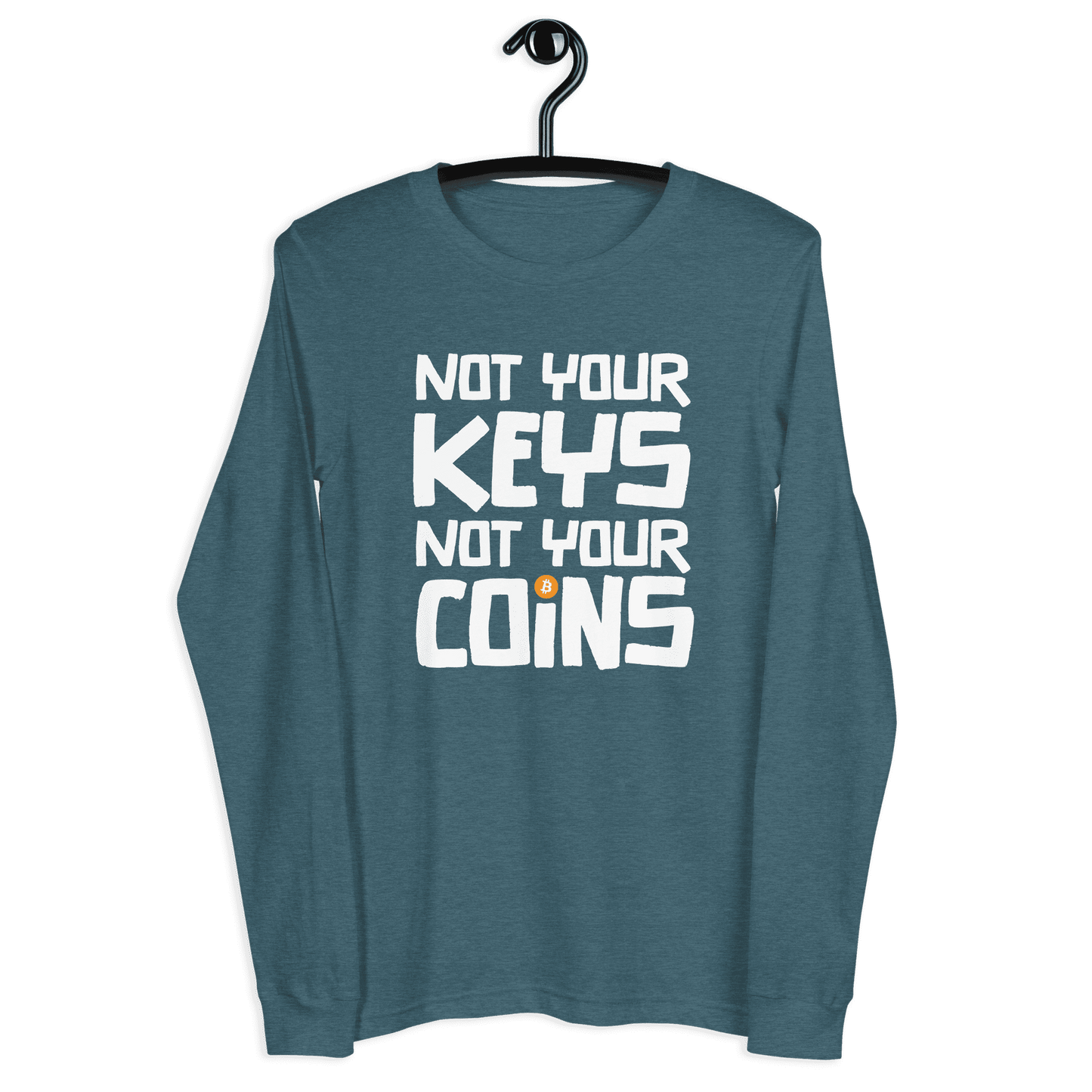 Front view of a heather deep teal colored bitcoin long sleeve tee.