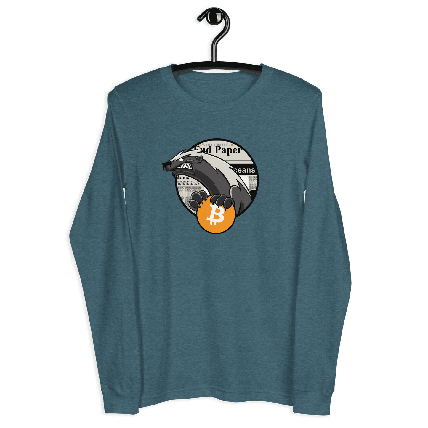 Front view of a heather deep teal colored bitcoin long sleeve tee.