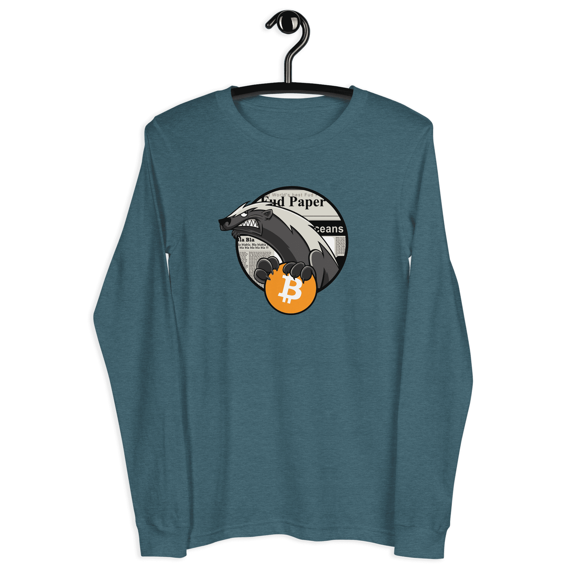 Front view of a heather deep teal colored bitcoin long sleeve tee.