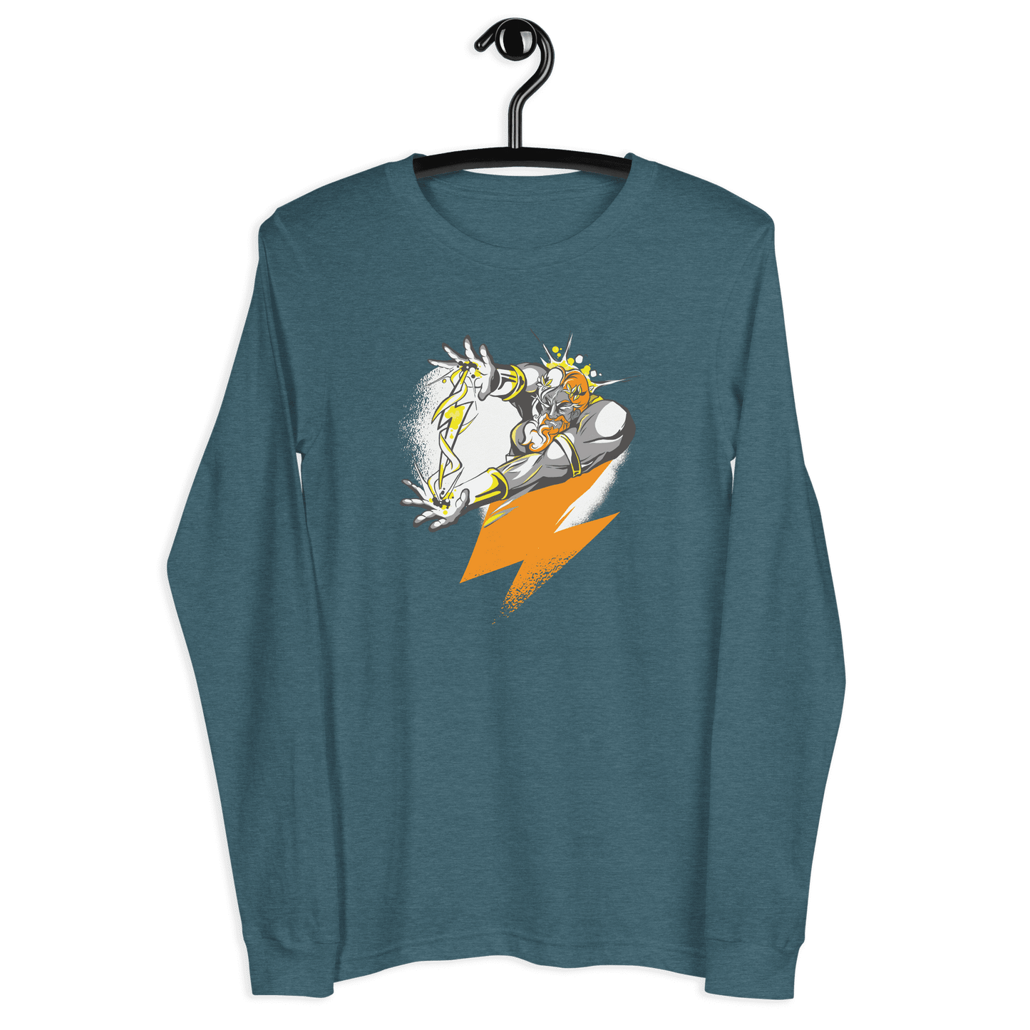 Front view of a heather deep teal colored bitcoin long sleeve tee.