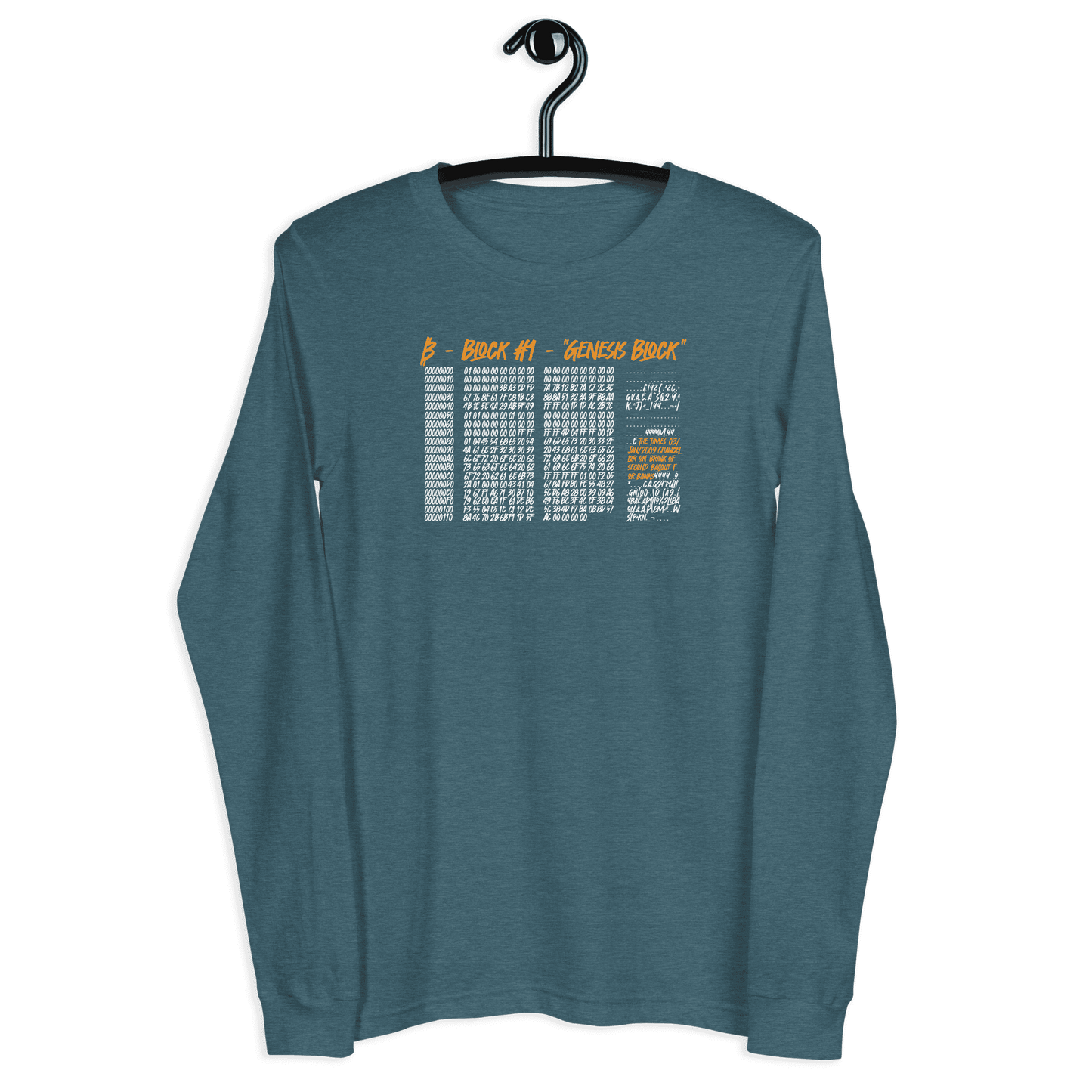 Front view of a heather deep teal colored bitcoin long sleeve tee.