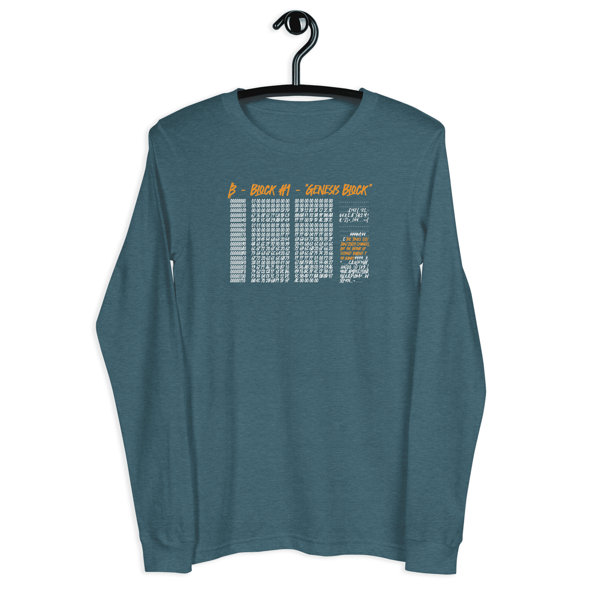 Front view of a heather deep teal colored bitcoin long sleeve tee.