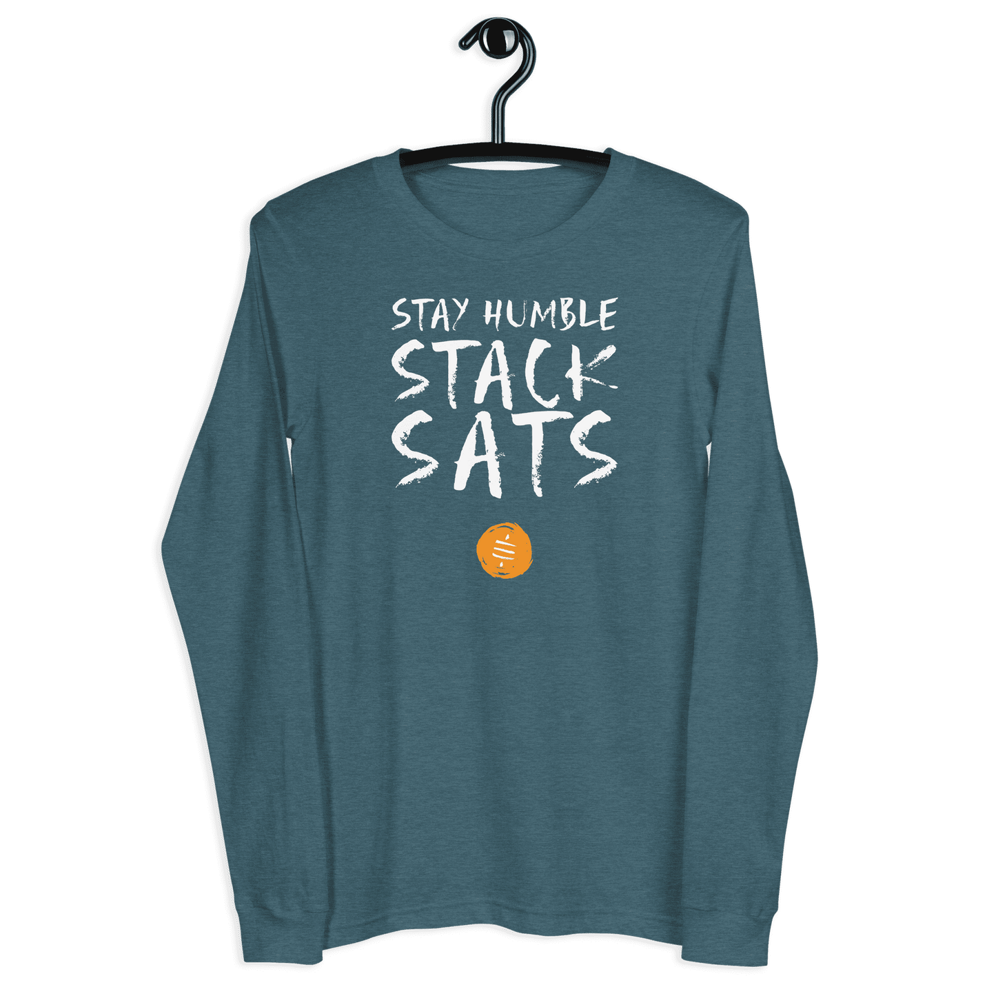 Front view of a heather deep teal colored bitcoin long sleeve tee.