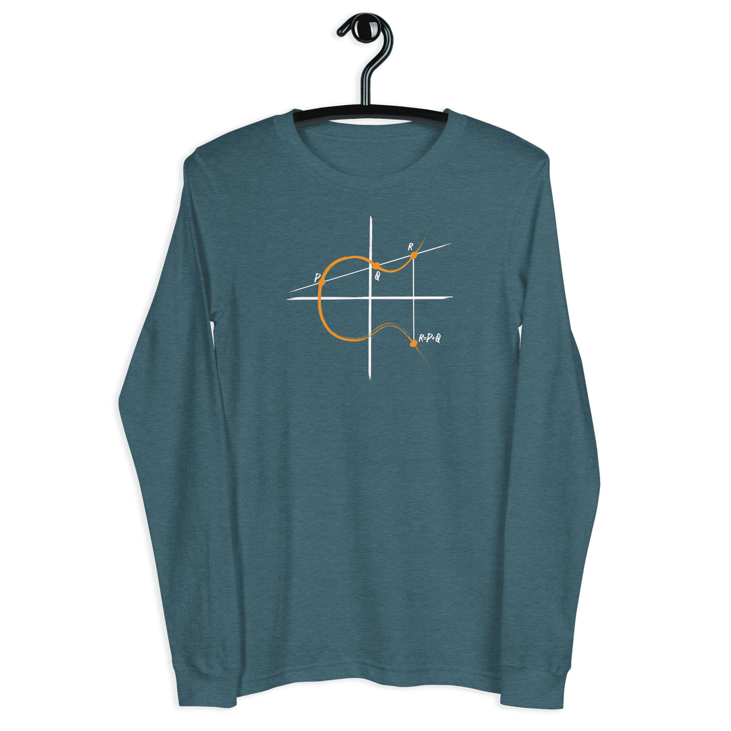 Front view of a heather deep teal colored bitcoin long sleeve tee.