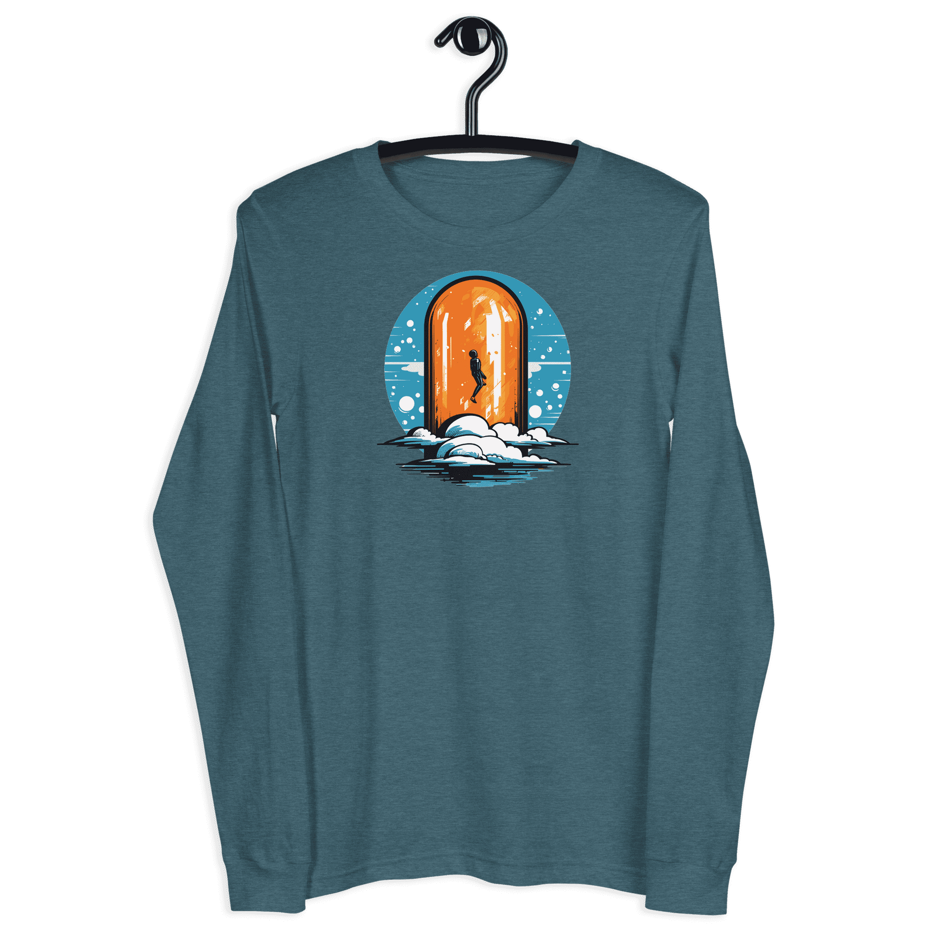 Front view of a heather deep teal colored bitcoin long sleeve tee.
