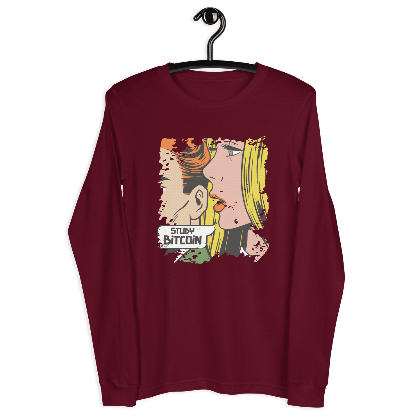 Front view of a maroon colored bitcoin long sleeve tee.