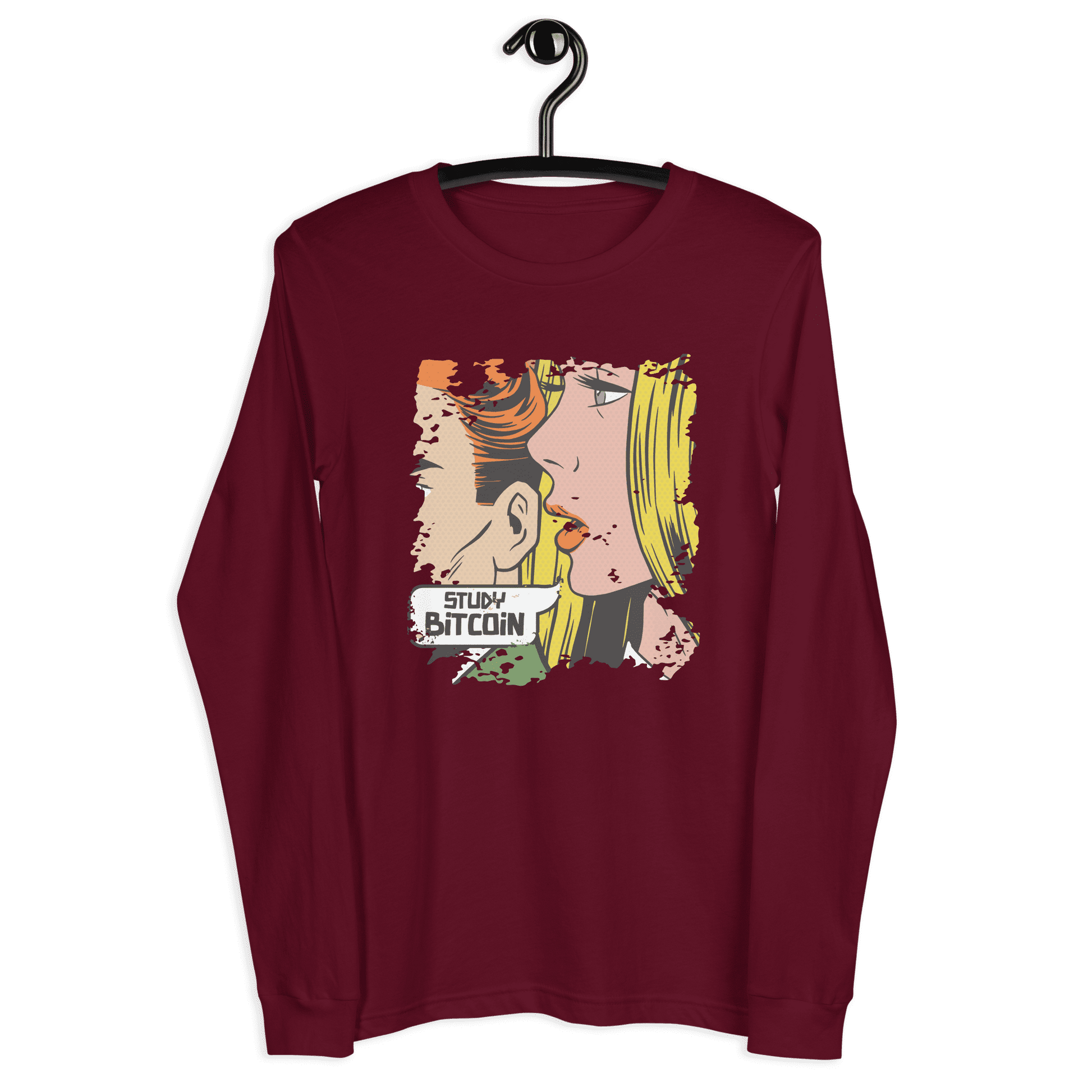 Front view of a maroon colored bitcoin long sleeve tee.