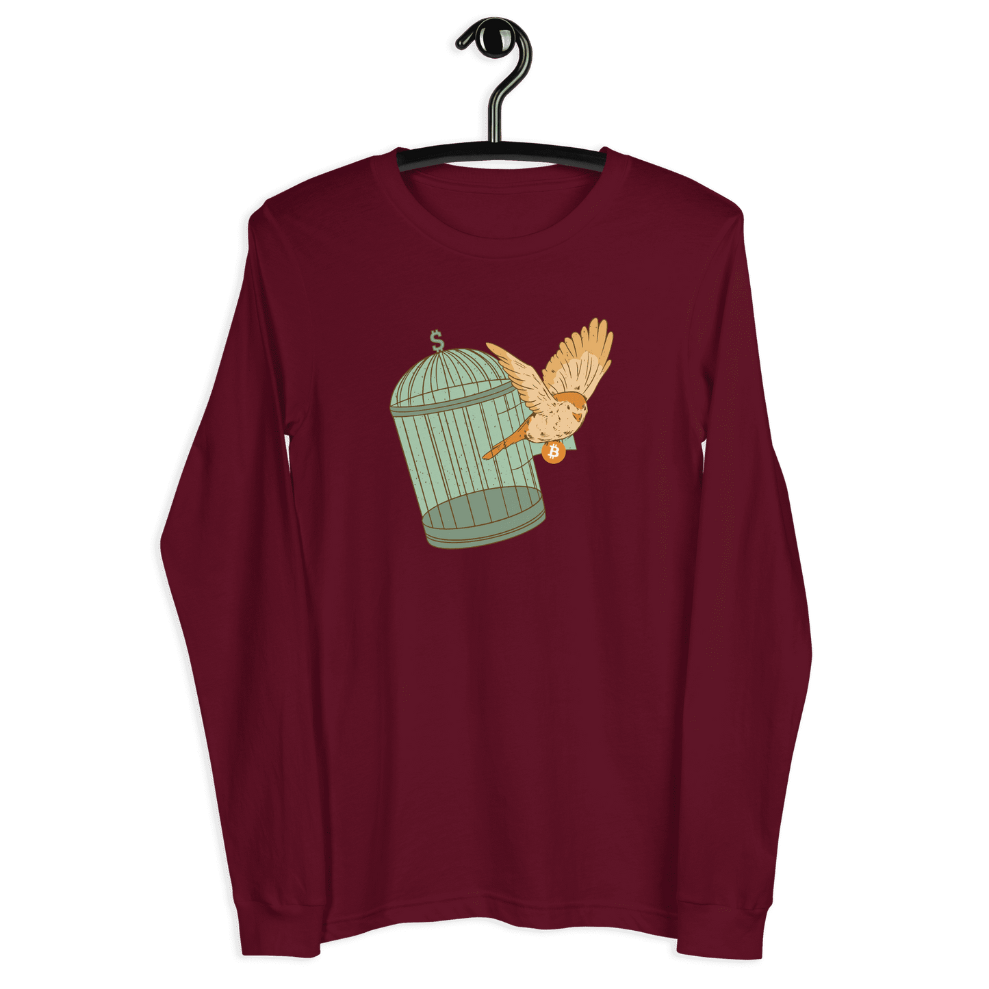 Front view of a maroon colored bitcoin long sleeve tee.