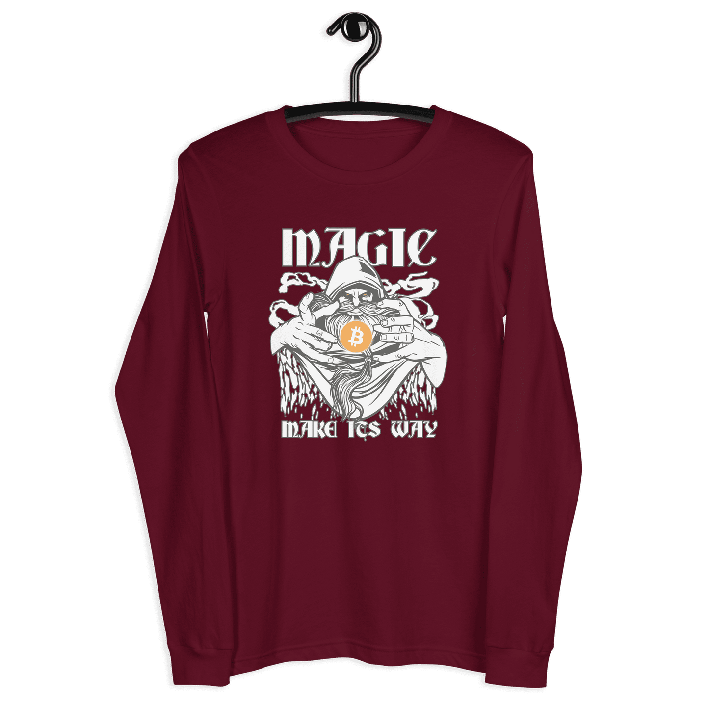 Front view of a maroon colored bitcoin long sleeve tee.