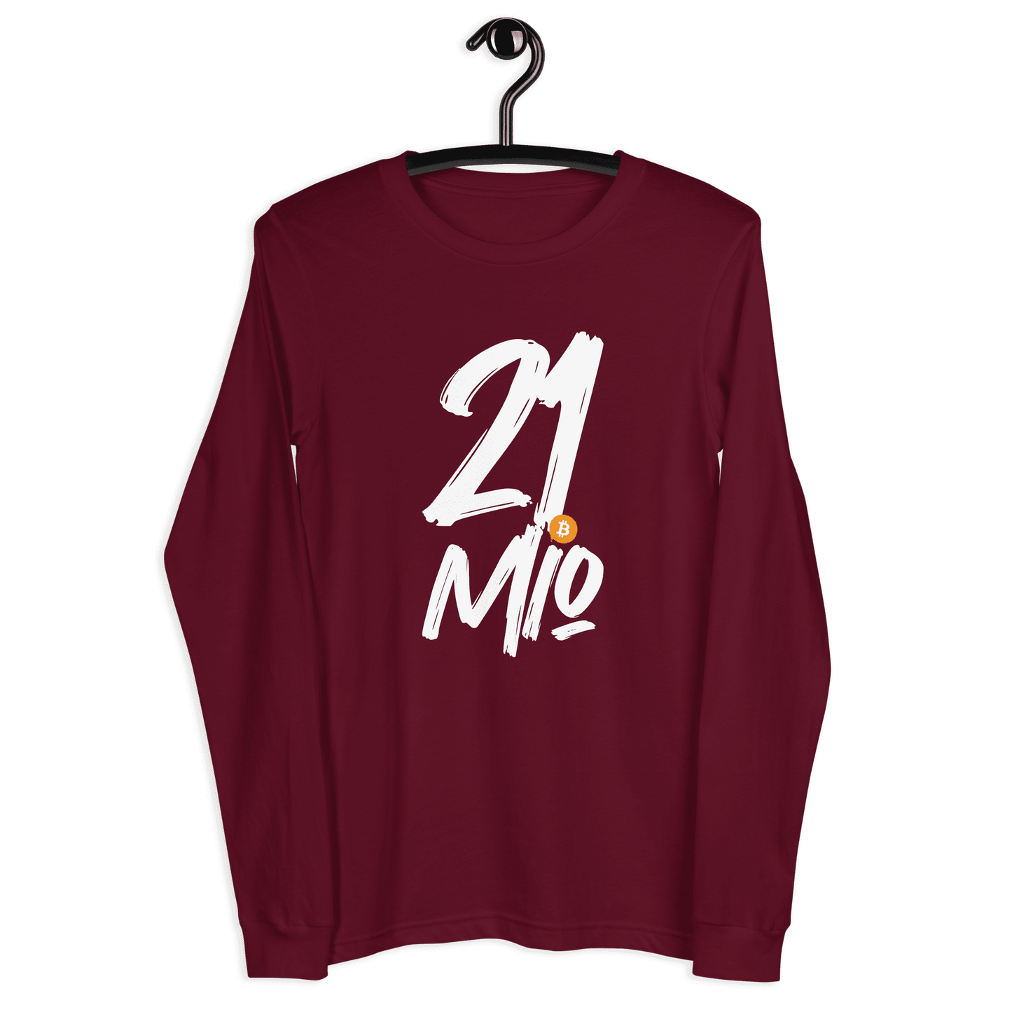 Front view of a maroon colored bitcoin long sleeve tee.