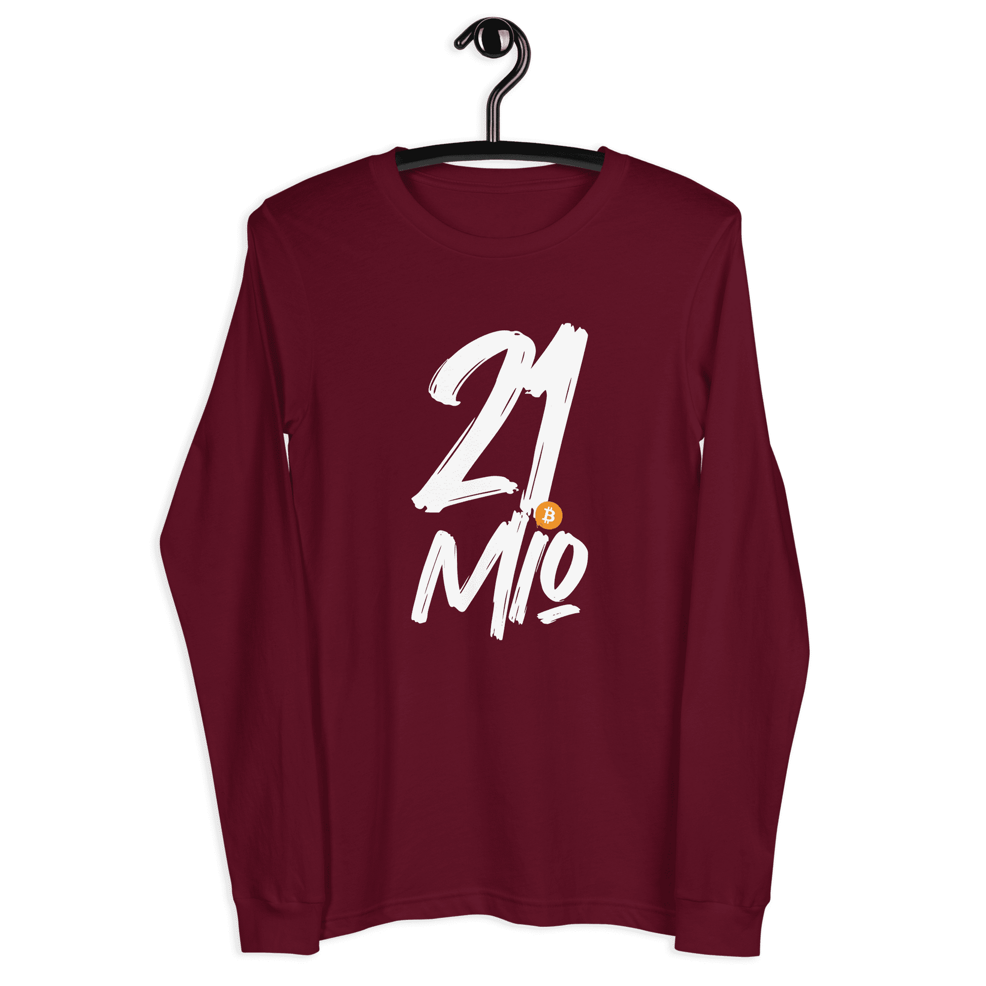Front view of a maroon colored bitcoin long sleeve tee.