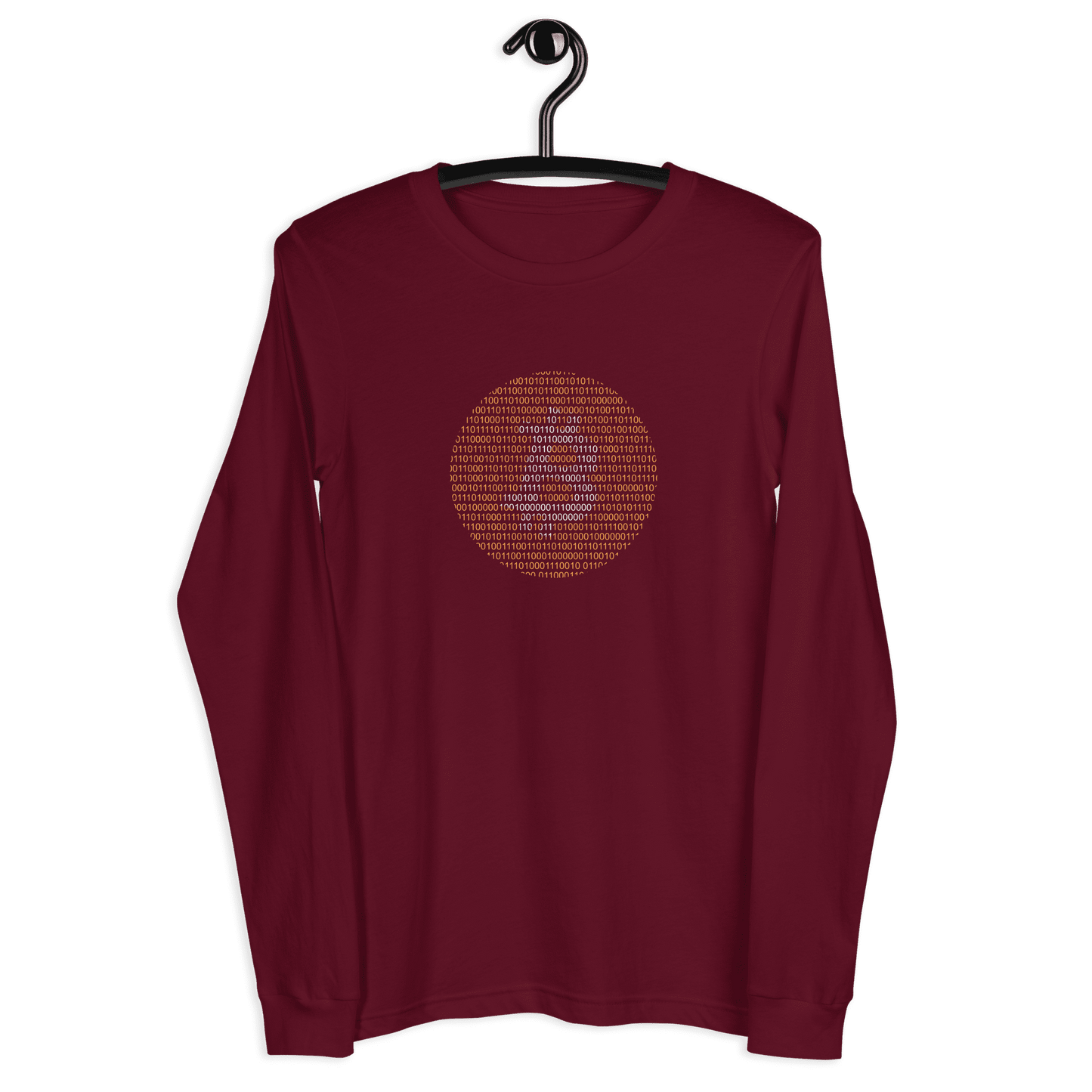 Front view of a maroon colored bitcoin long sleeve tee.