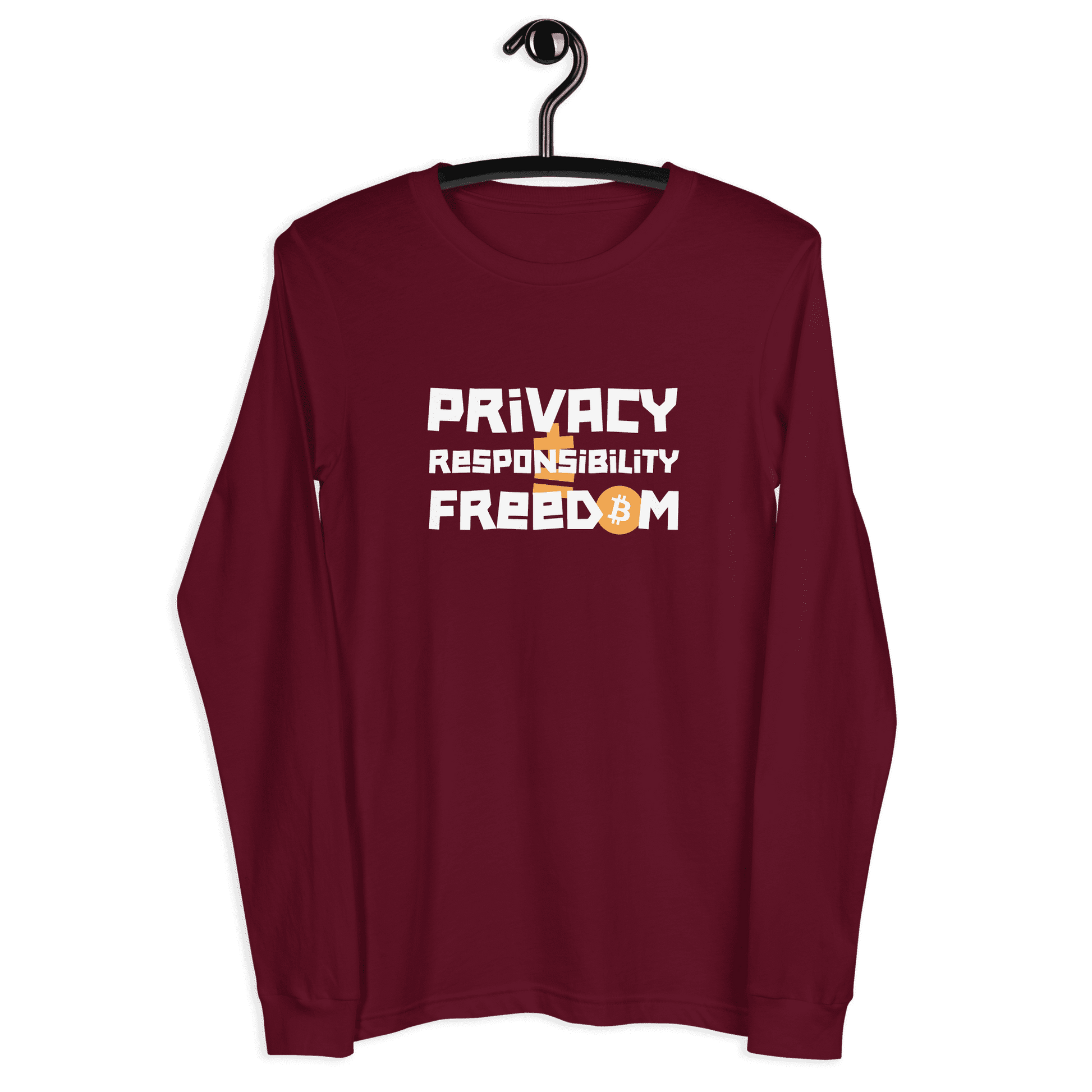 Front view of a maroon colored bitcoin long sleeve tee.