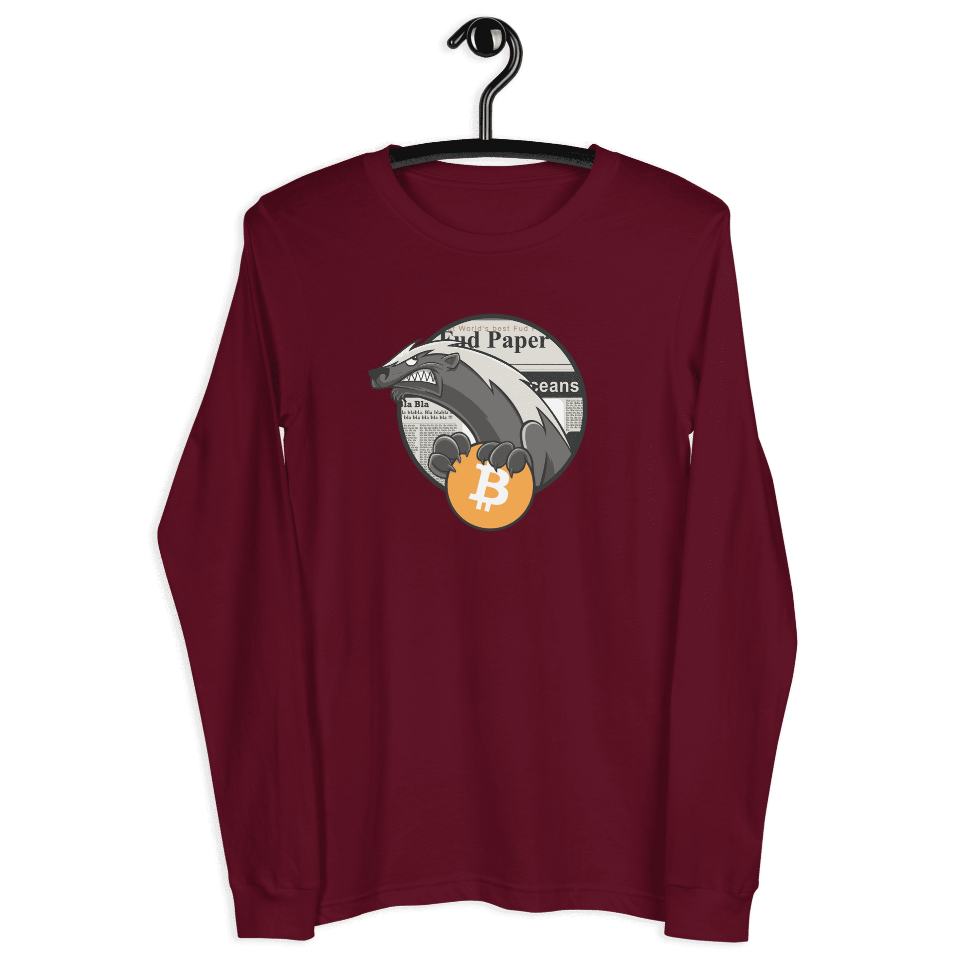 Front view of a maroon colored bitcoin long sleeve tee.