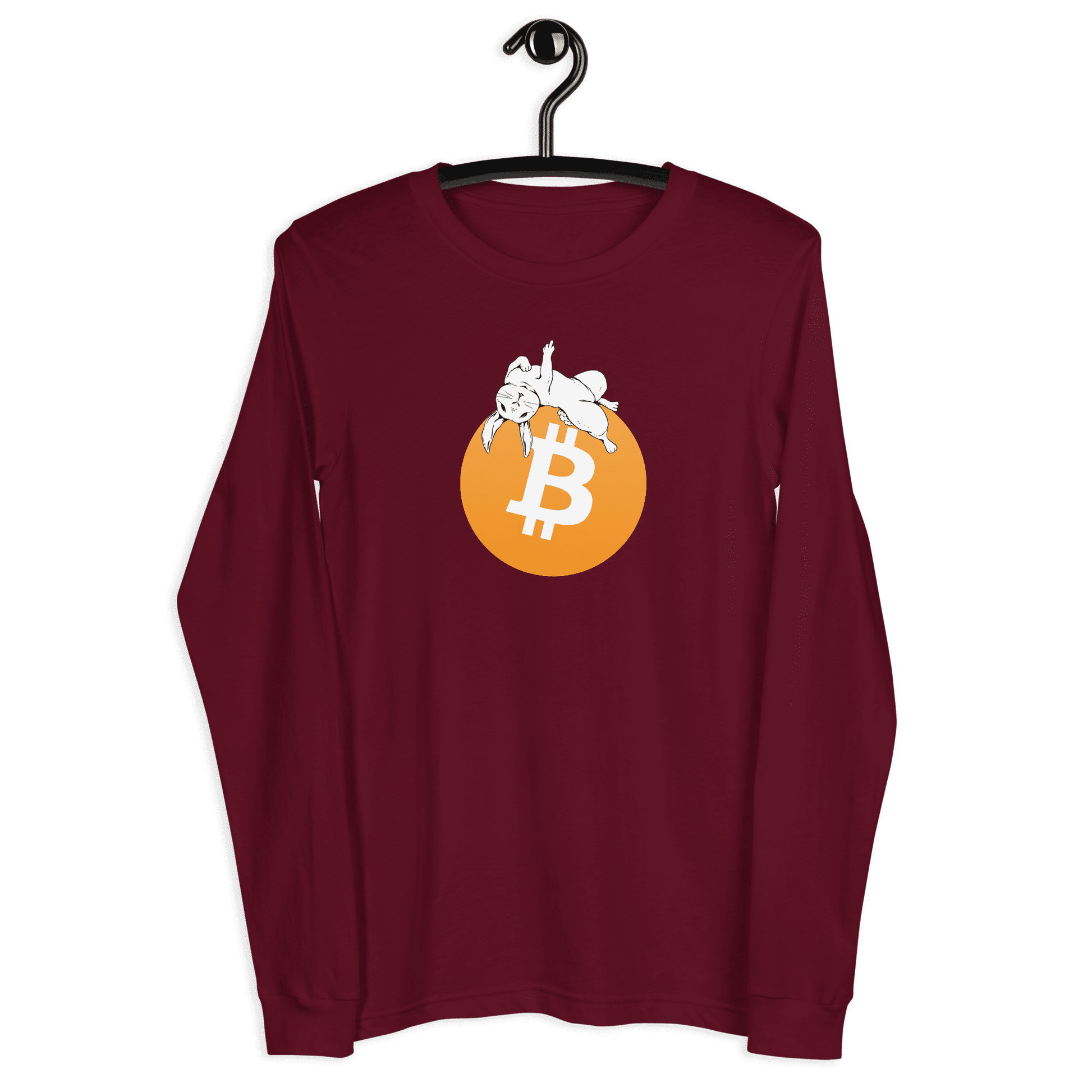 Front view of a maroon colored bitcoin long sleeve tee.