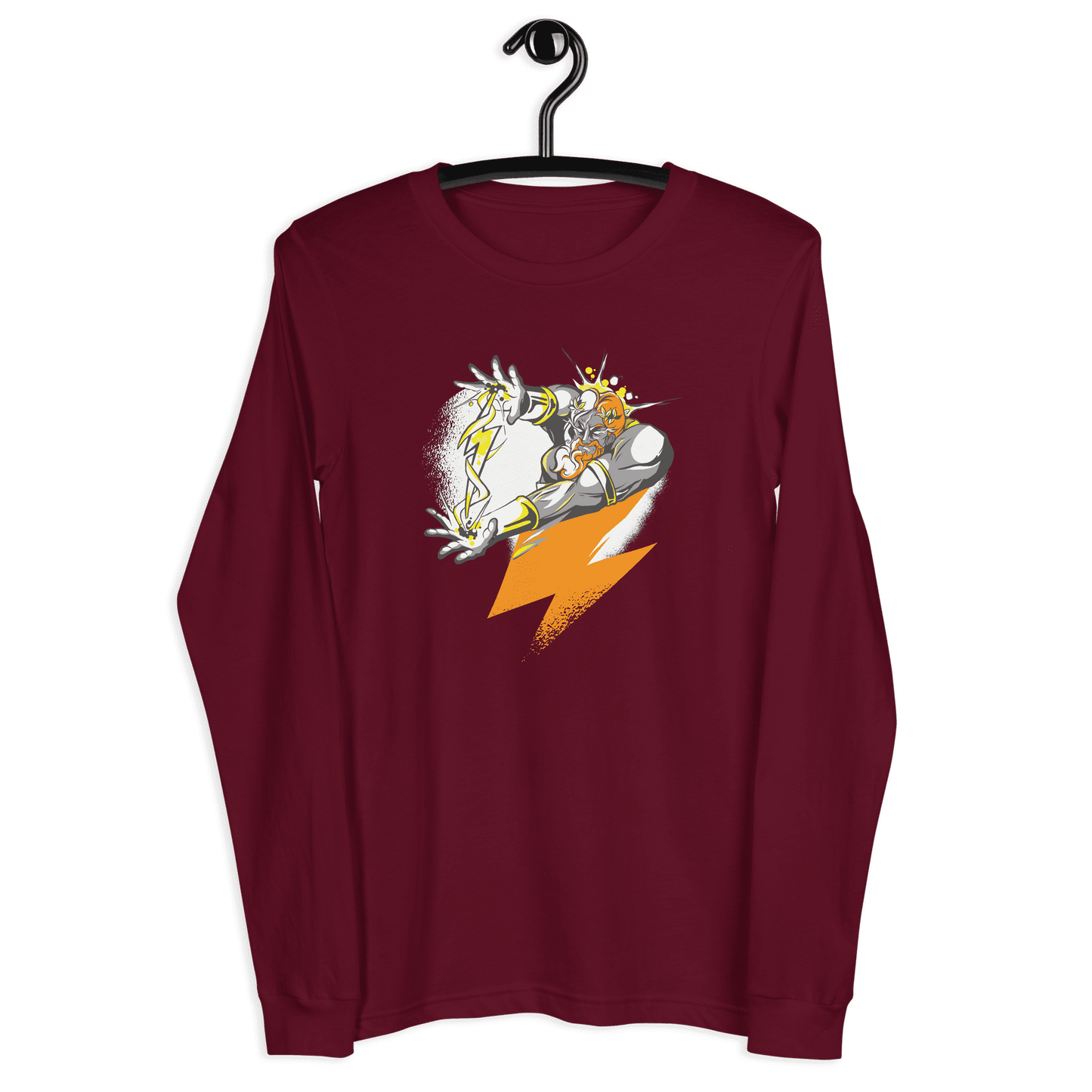 Front view of a maroon colored bitcoin long sleeve tee.