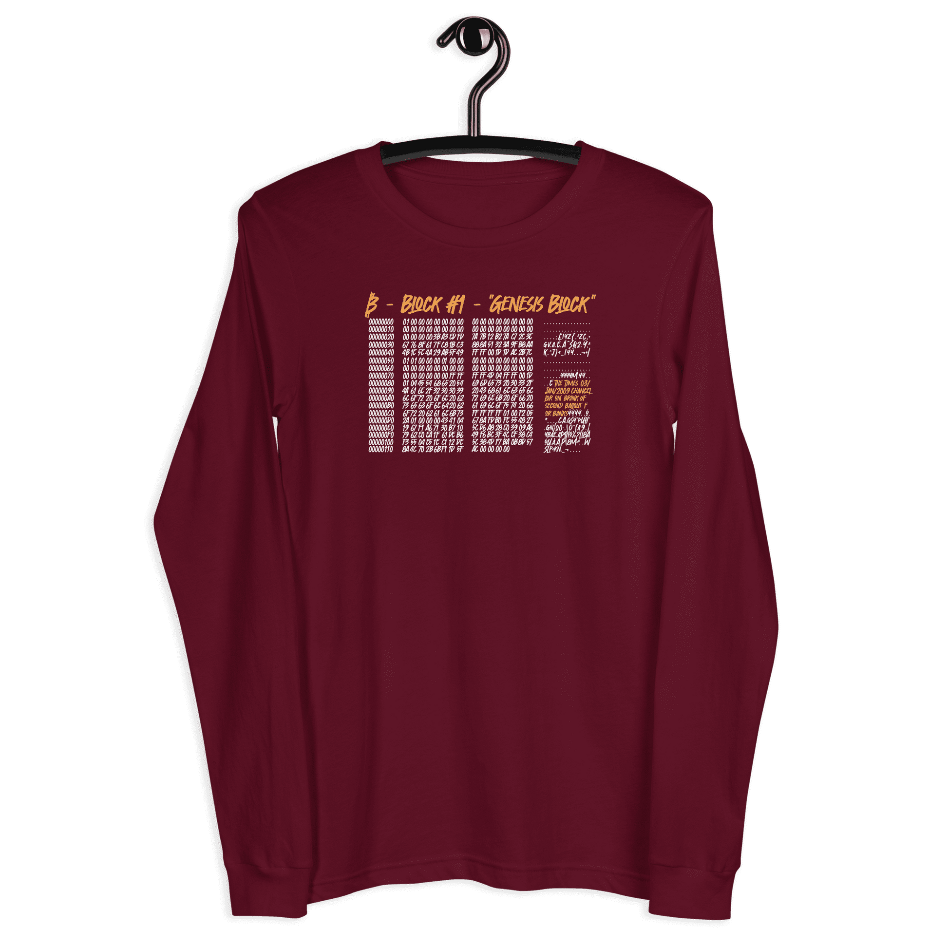Front view of a maroon colored bitcoin long sleeve tee.