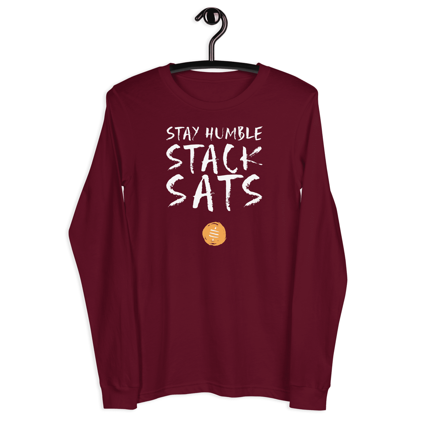 Front view of a maroon colored bitcoin long sleeve tee.