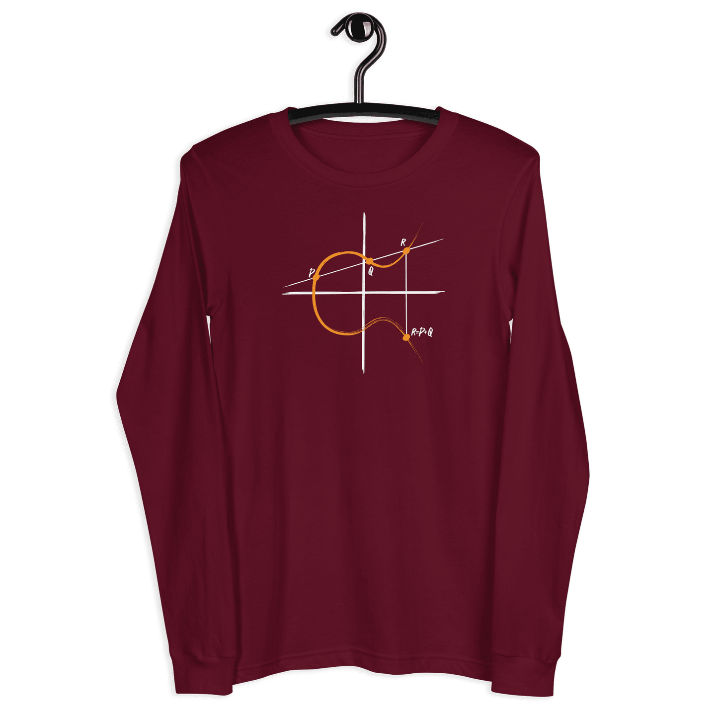 Front view of a maroon colored bitcoin long sleeve tee.
