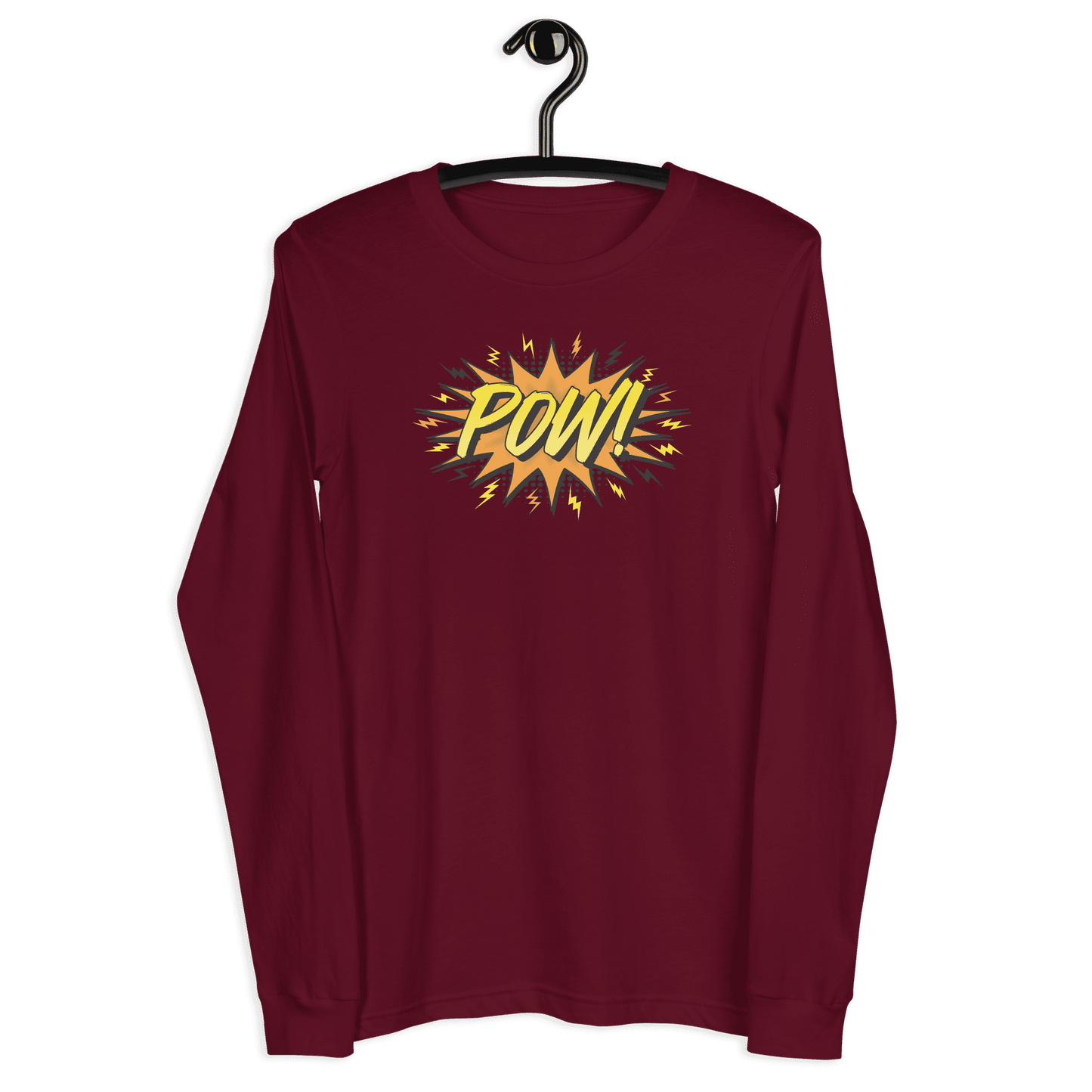 Front view of a maroon colored bitcoin long sleeve tee.
