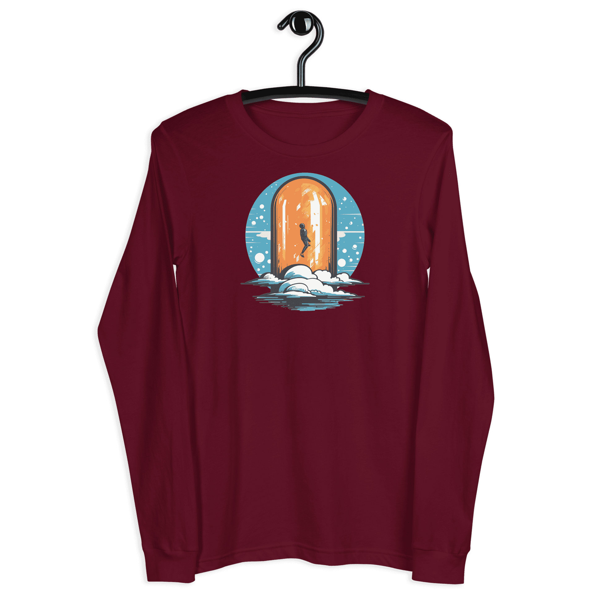 Front view of a maroon colored bitcoin long sleeve tee.