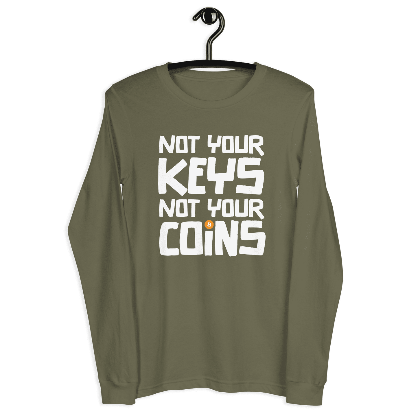 Front view of a military green colored bitcoin long sleeve tee.