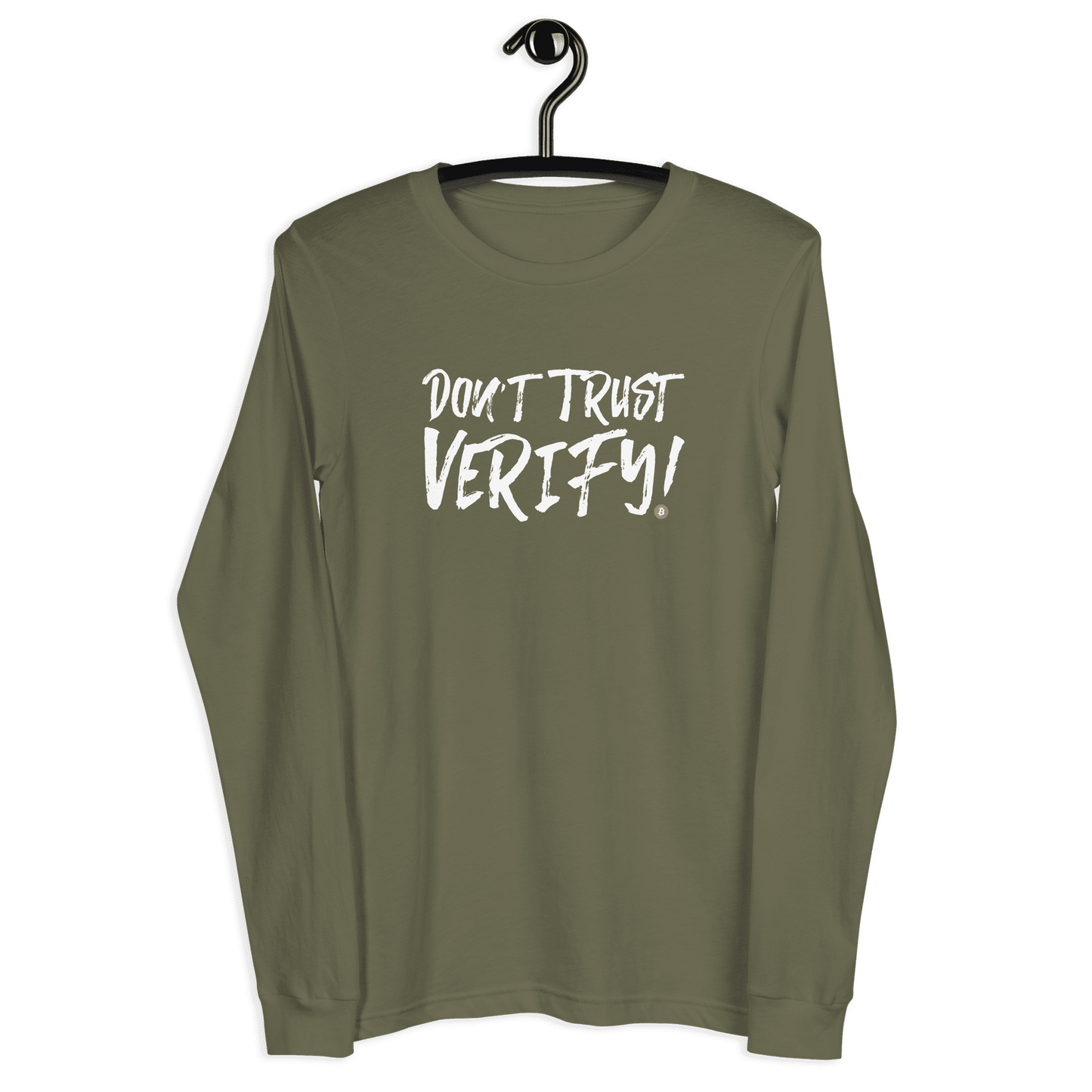 Front view of a military green colored bitcoin long sleeve tee.
