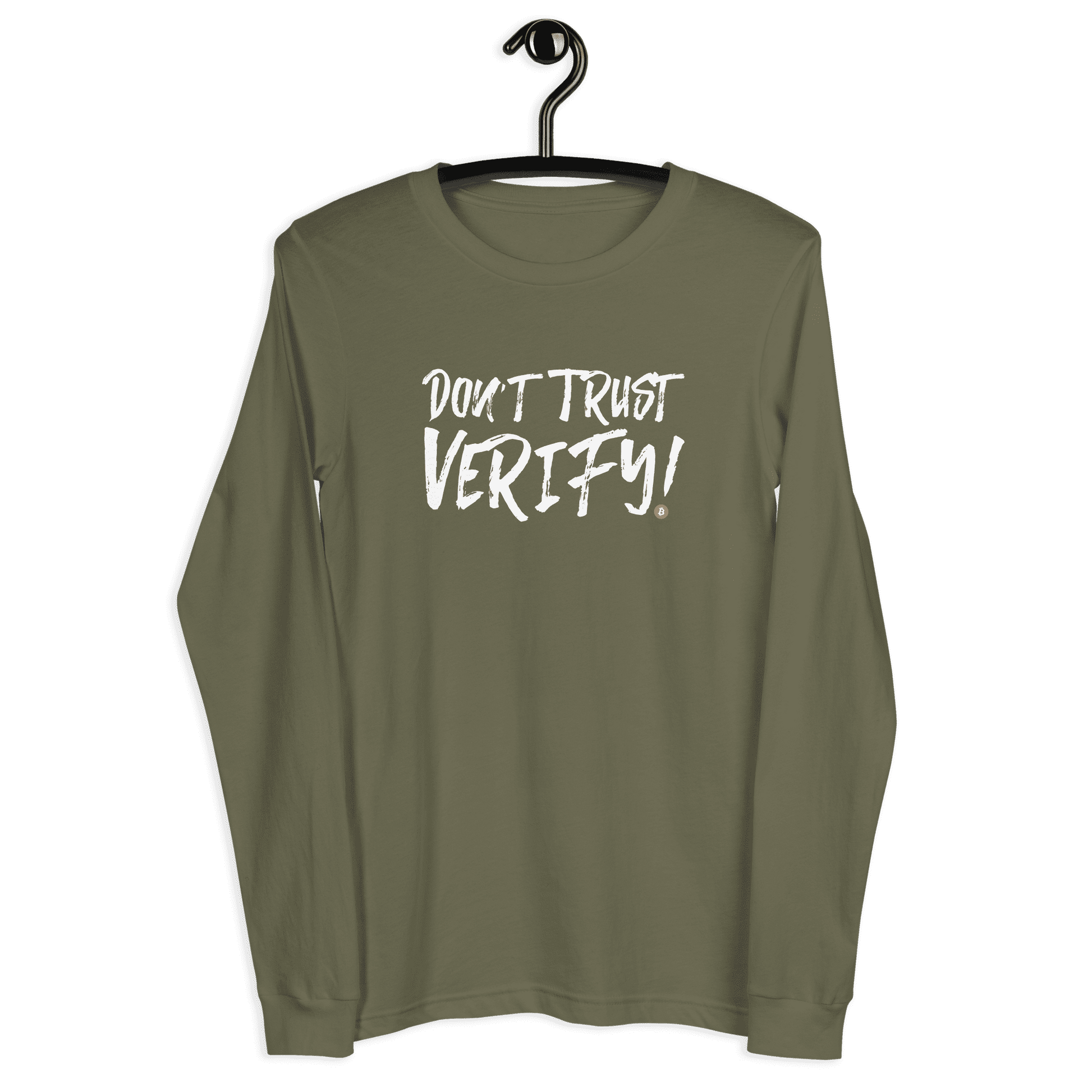 Front view of a military green colored bitcoin long sleeve tee.