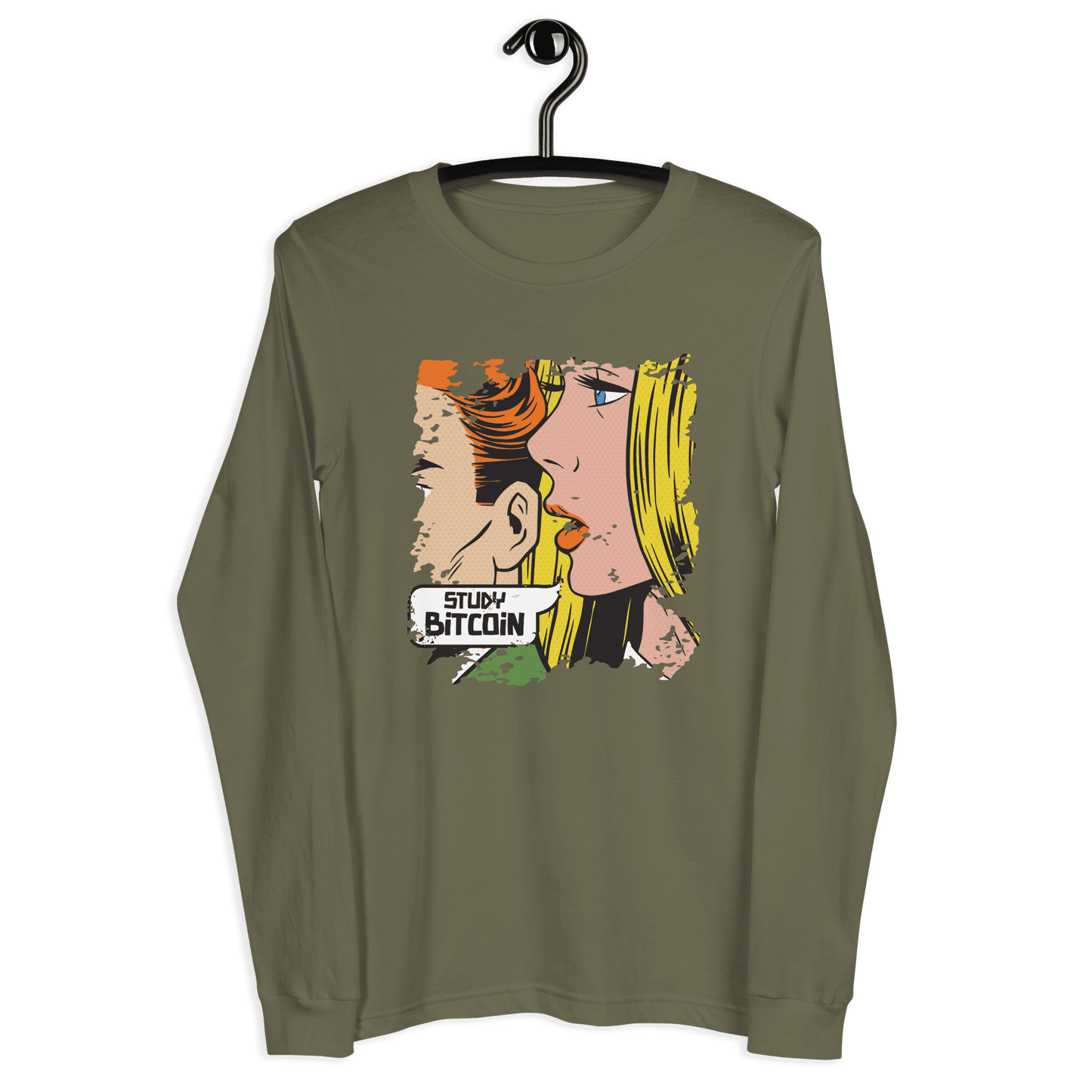 Front view of a military green colored bitcoin long sleeve tee.