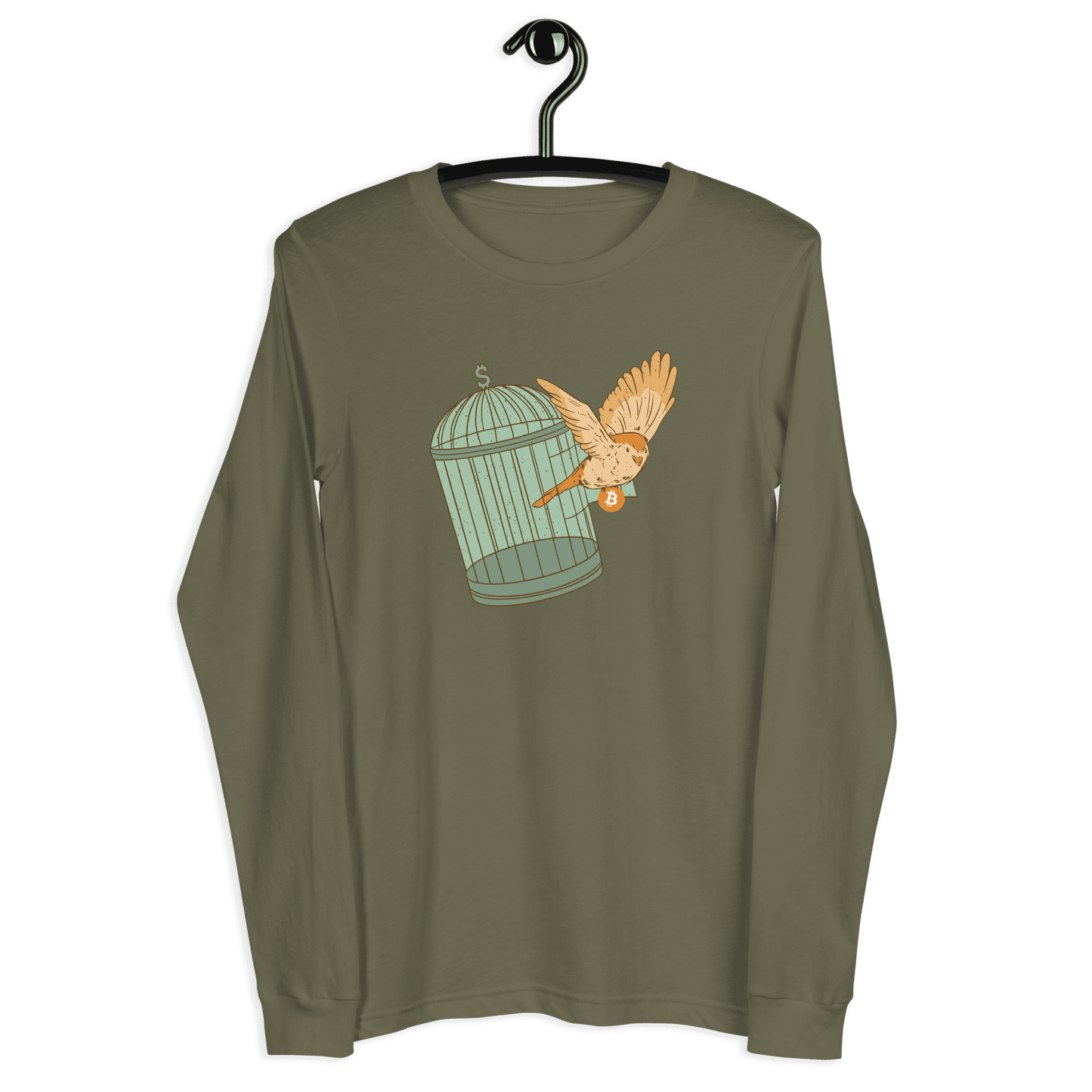 Front view of a military green colored bitcoin long sleeve tee.