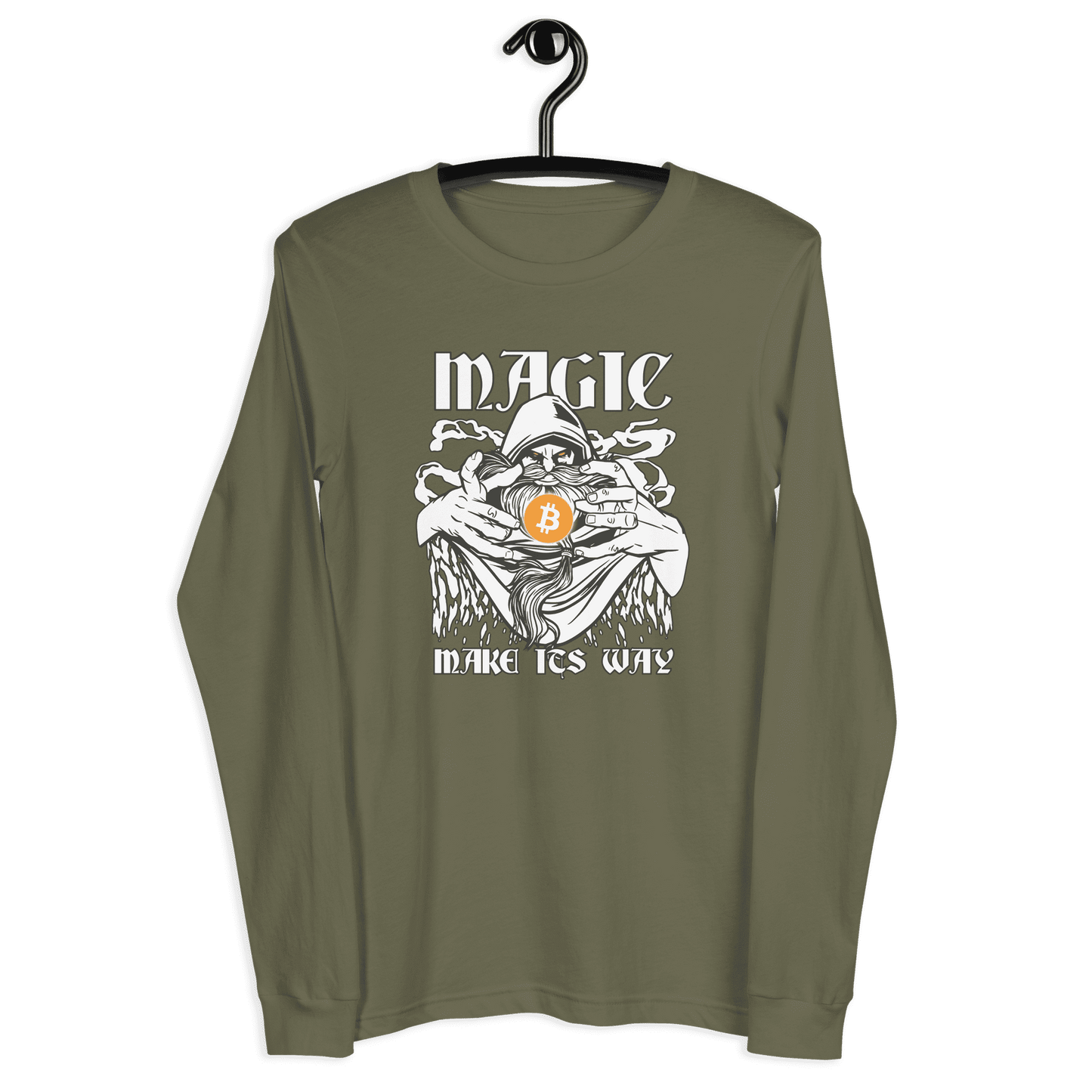 Front view of a military green colored bitcoin long sleeve tee.