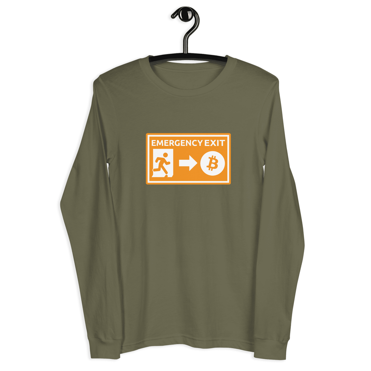 Front view of a military green colored bitcoin long sleeve tee.