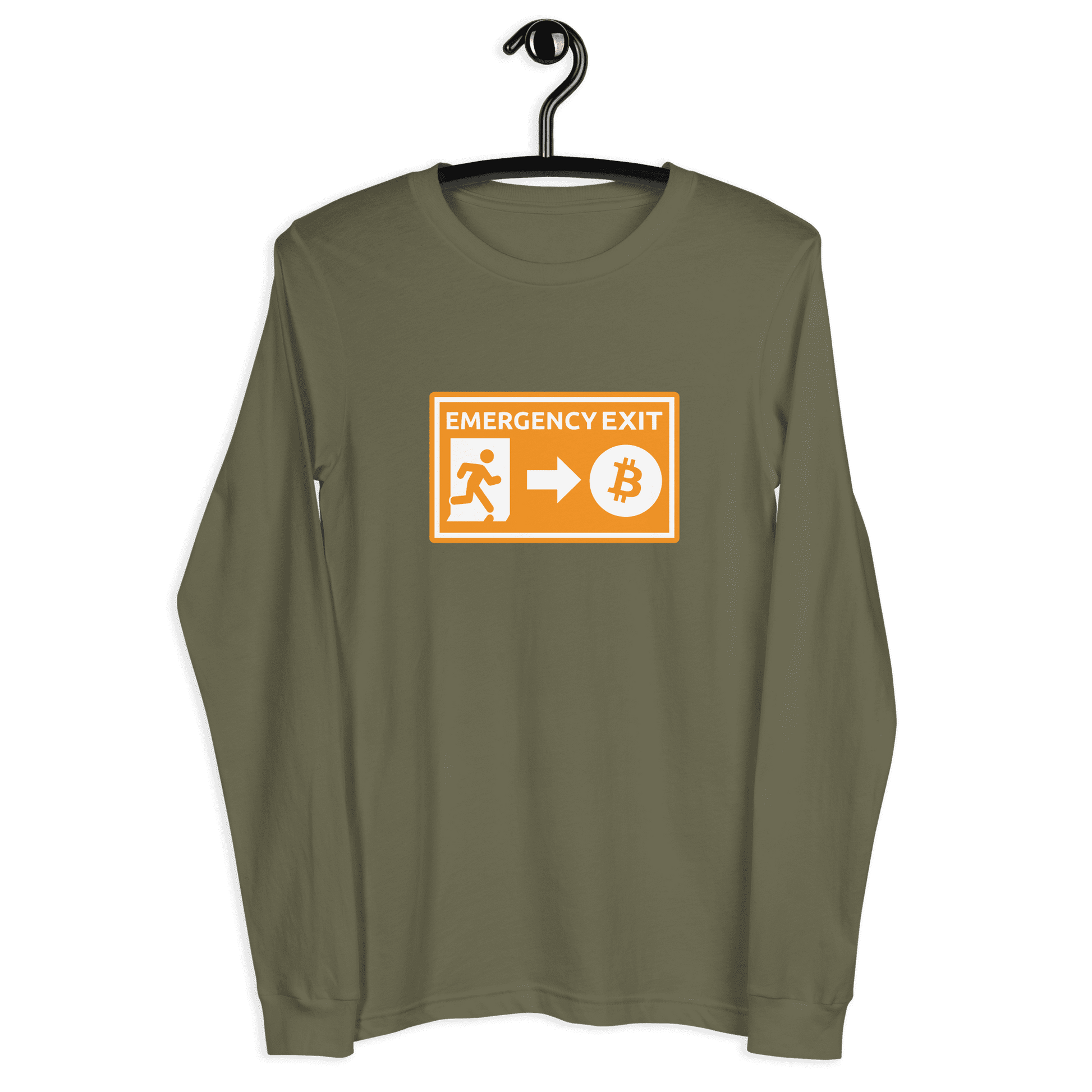 Front view of a military green colored bitcoin long sleeve tee.