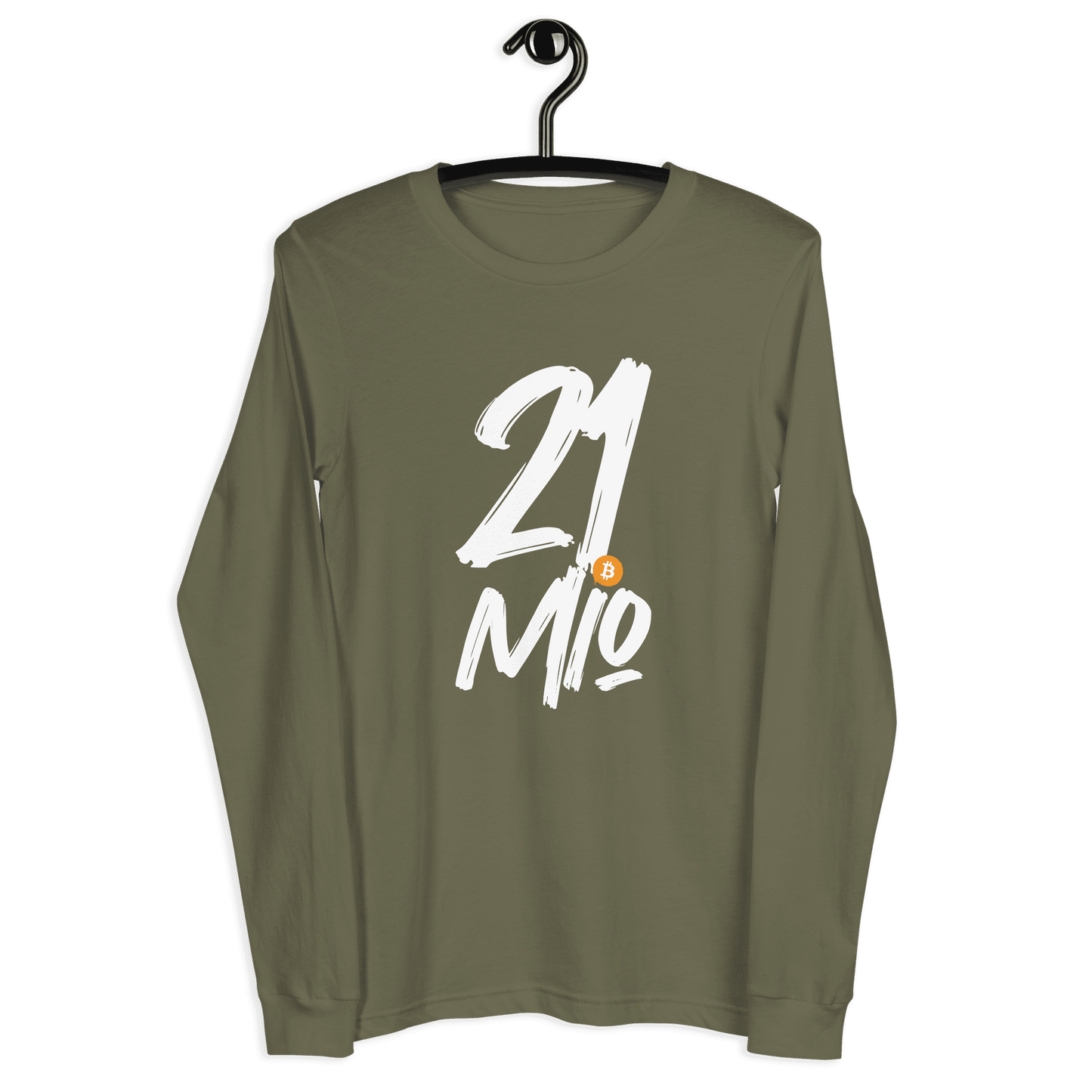 Front view of a military green colored bitcoin long sleeve tee.