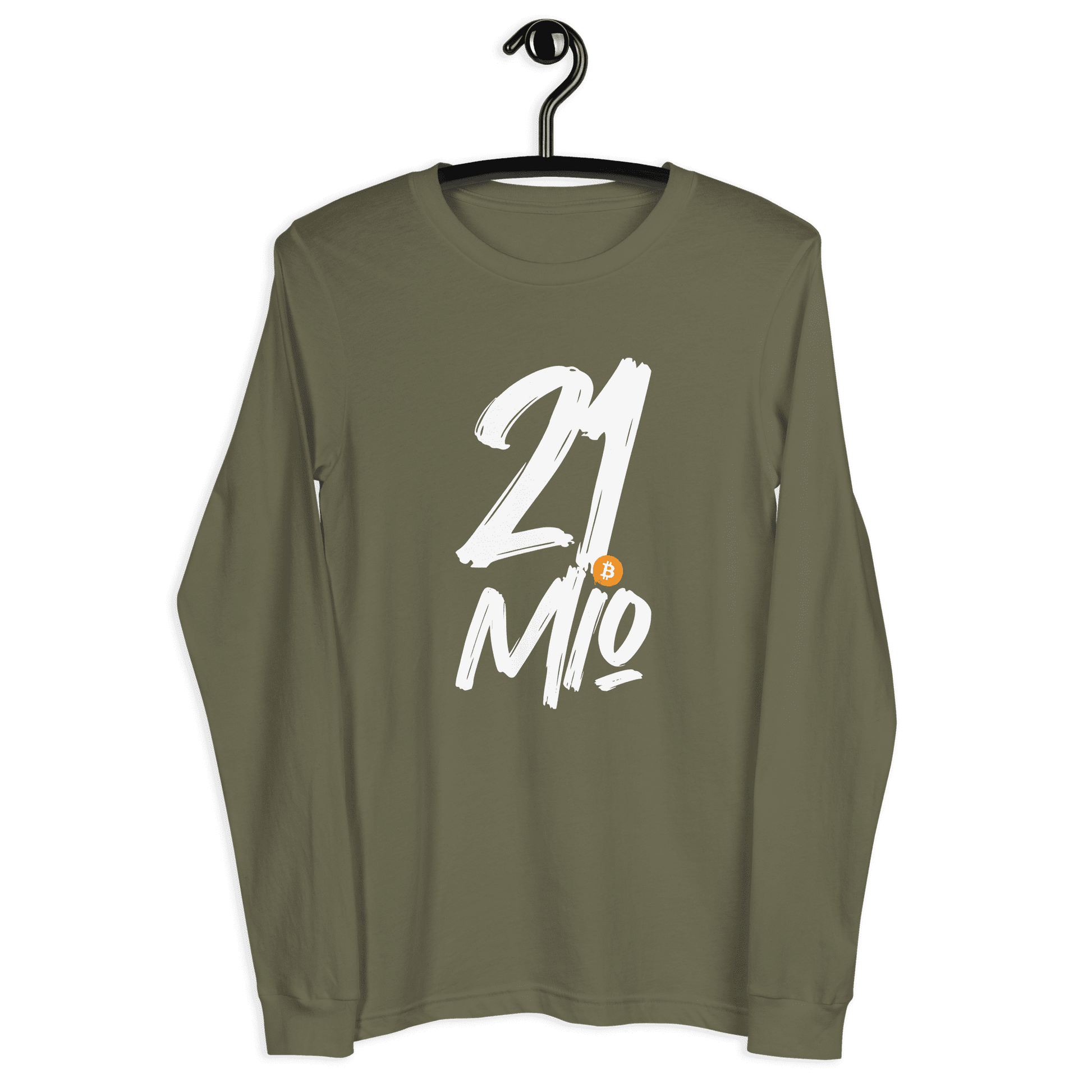 Front view of a military green colored bitcoin long sleeve tee.
