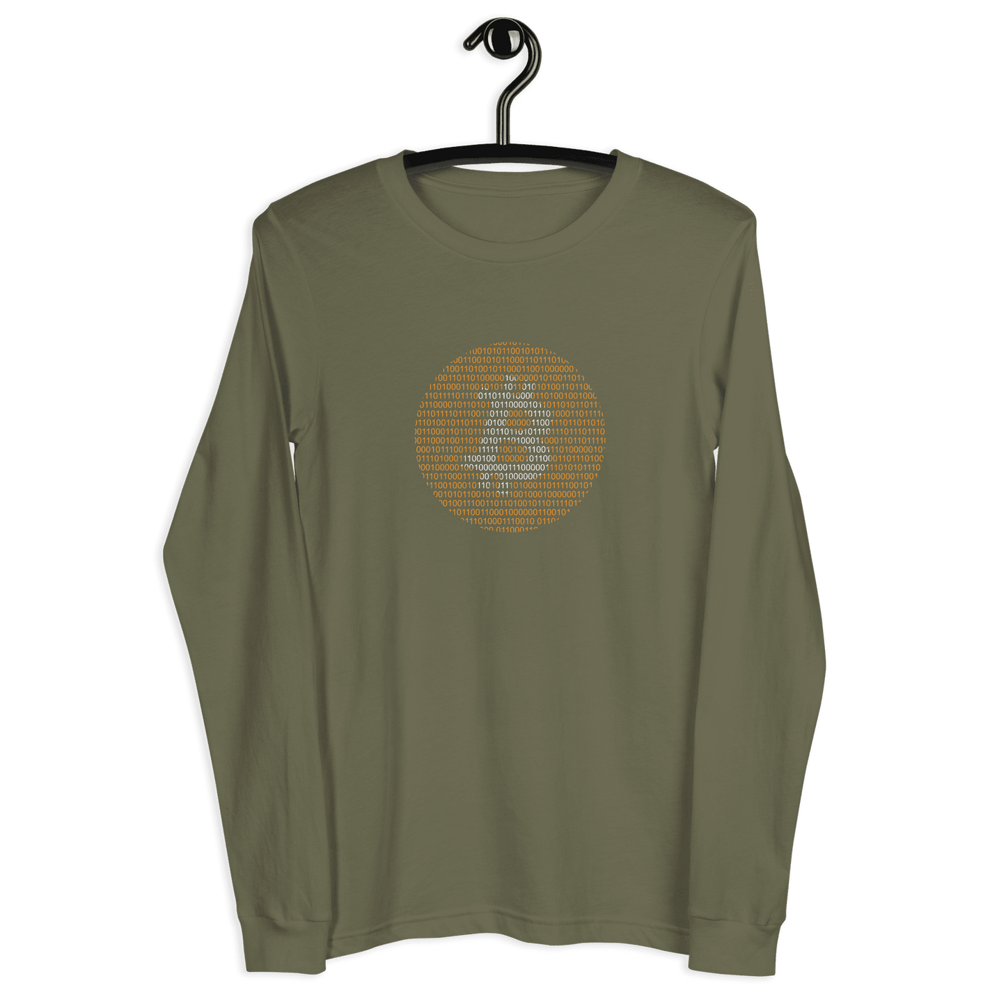 Front view of a military green colored bitcoin long sleeve tee.