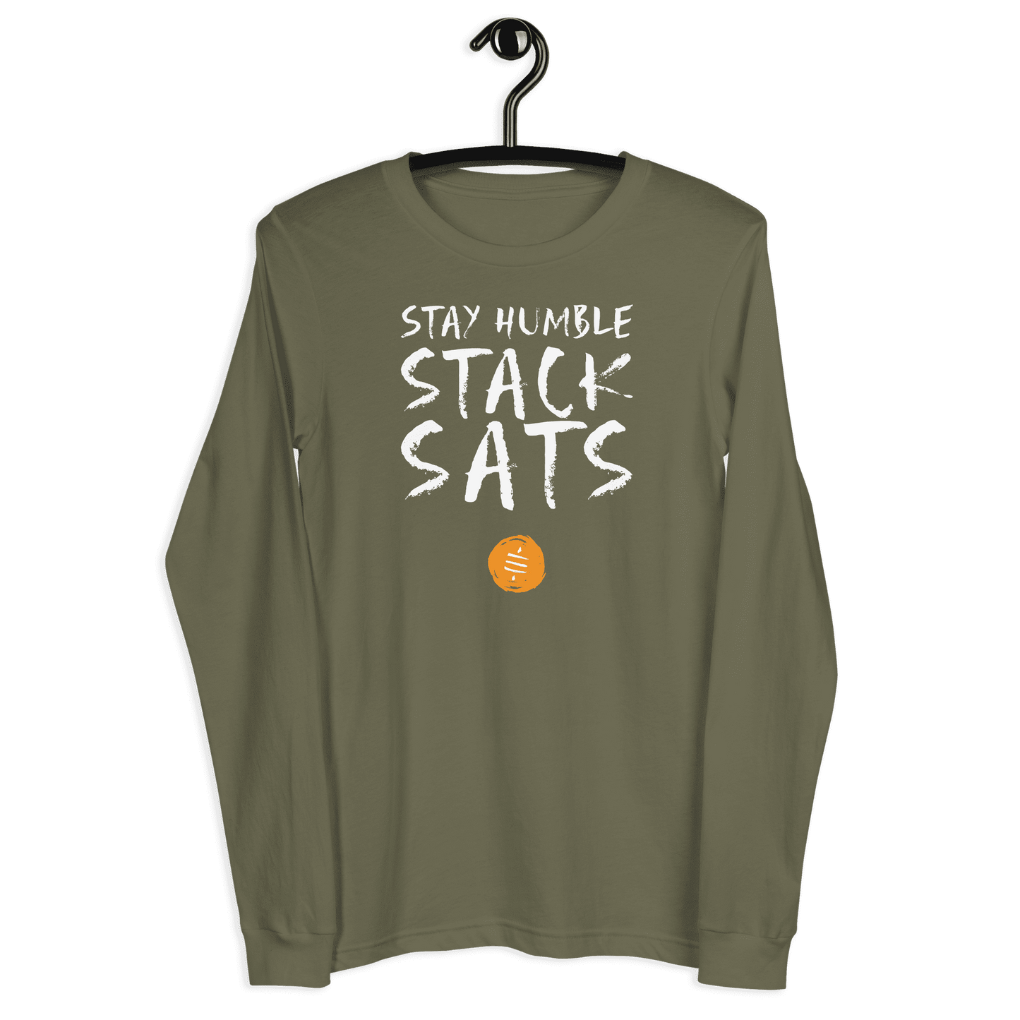 Front view of a military green colored bitcoin long sleeve tee.