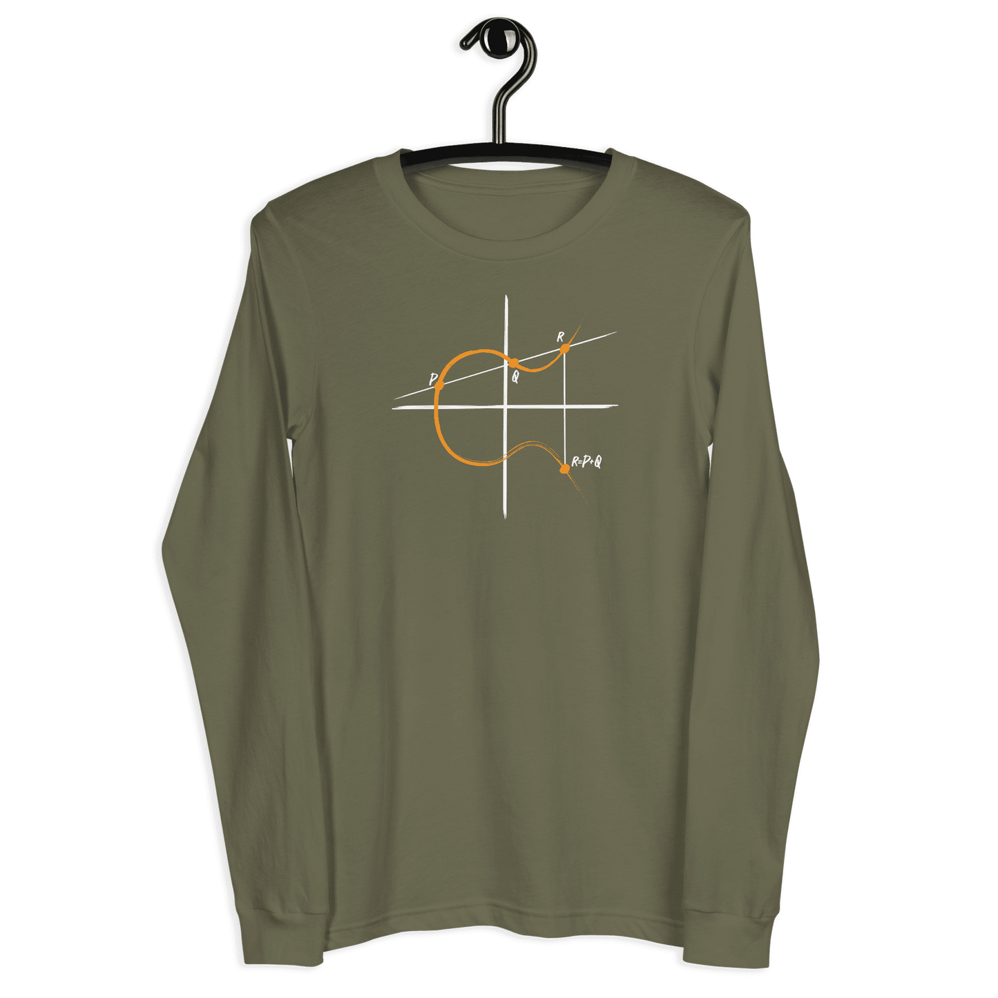 Front view of a military green colored bitcoin long sleeve tee.