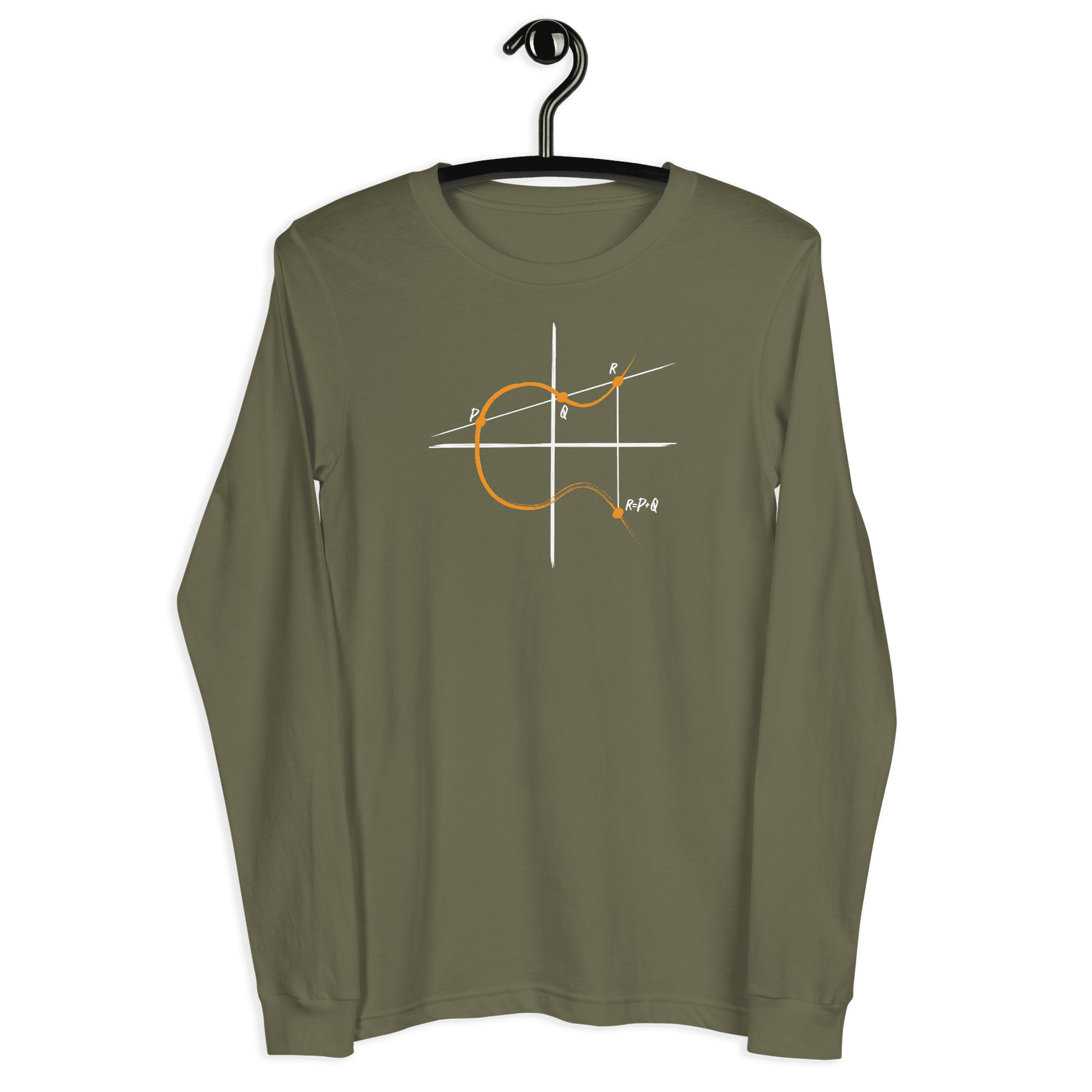 Front view of a military green colored bitcoin long sleeve tee.
