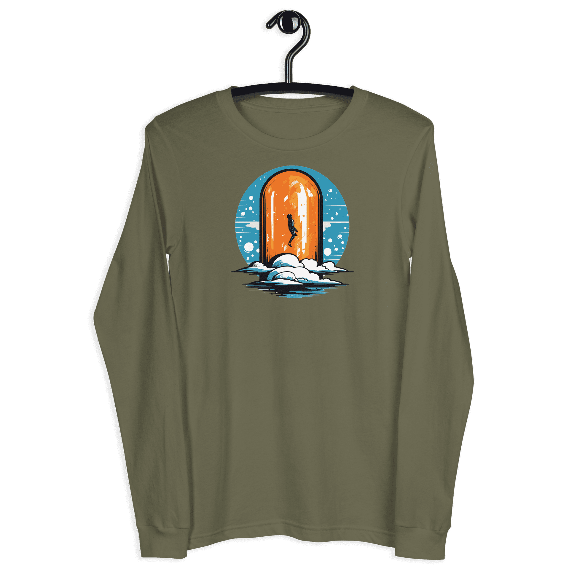 Front view of a military green colored bitcoin long sleeve tee.