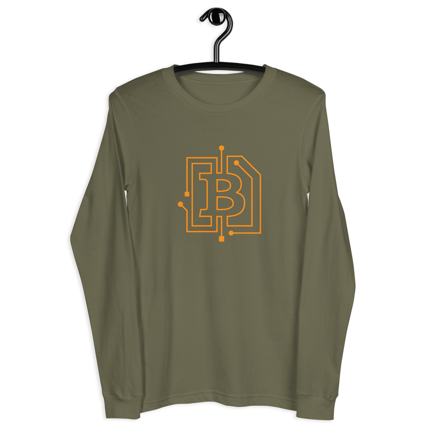 Front view of a military green bitcoin long sleeve tee.