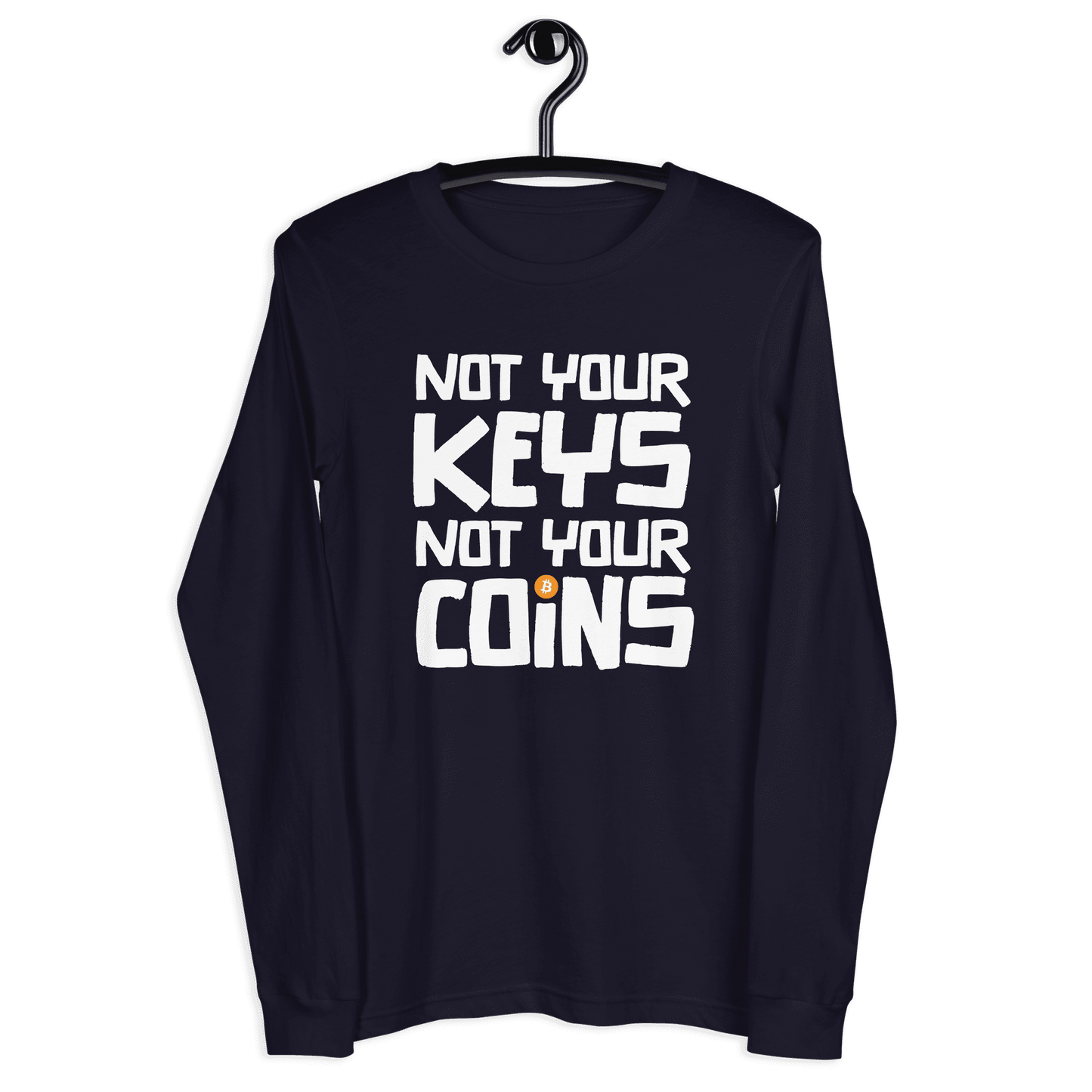 Front view of a navy colored bitcoin long sleeve tee.