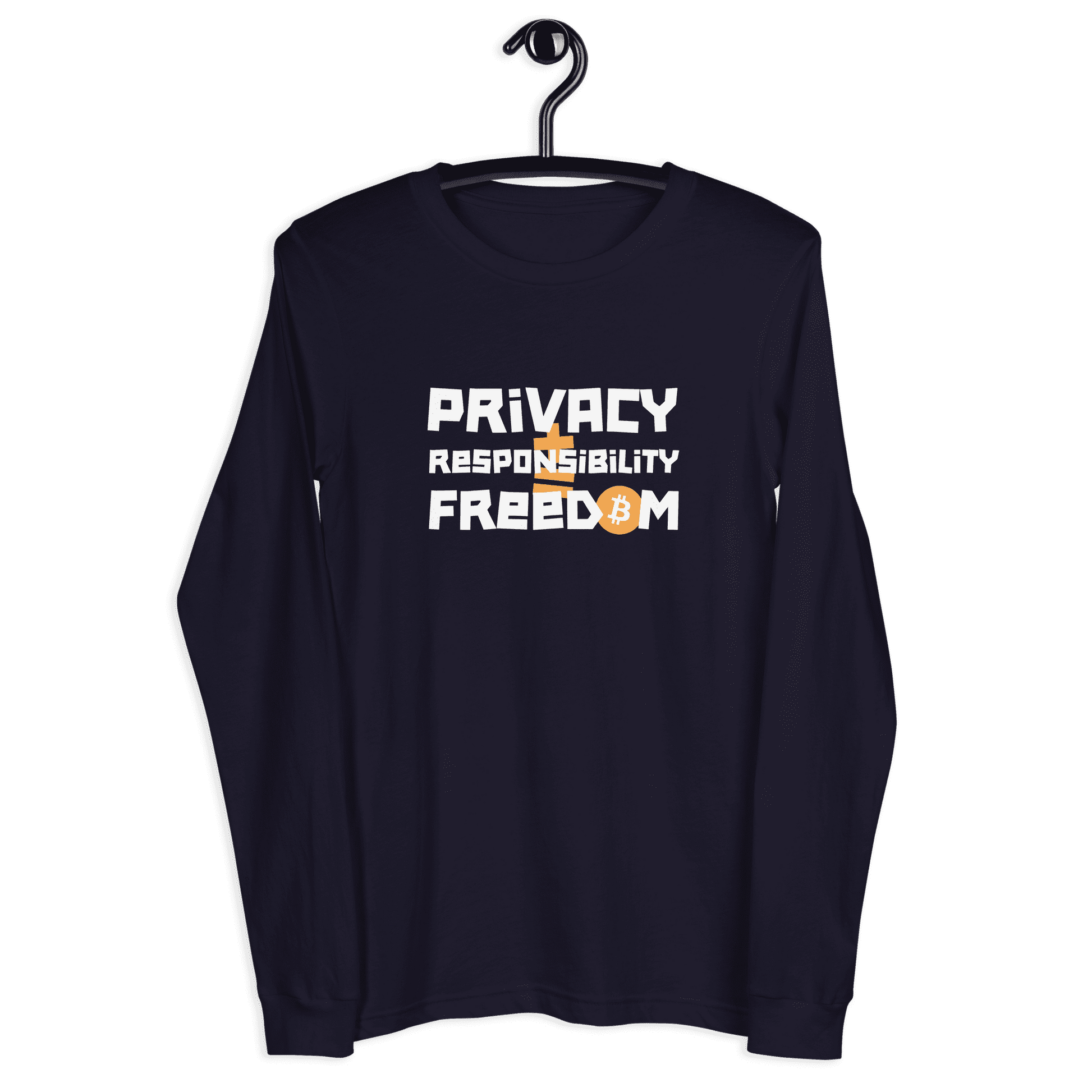 Front view of a navy colored bitcoin long sleeve tee.
