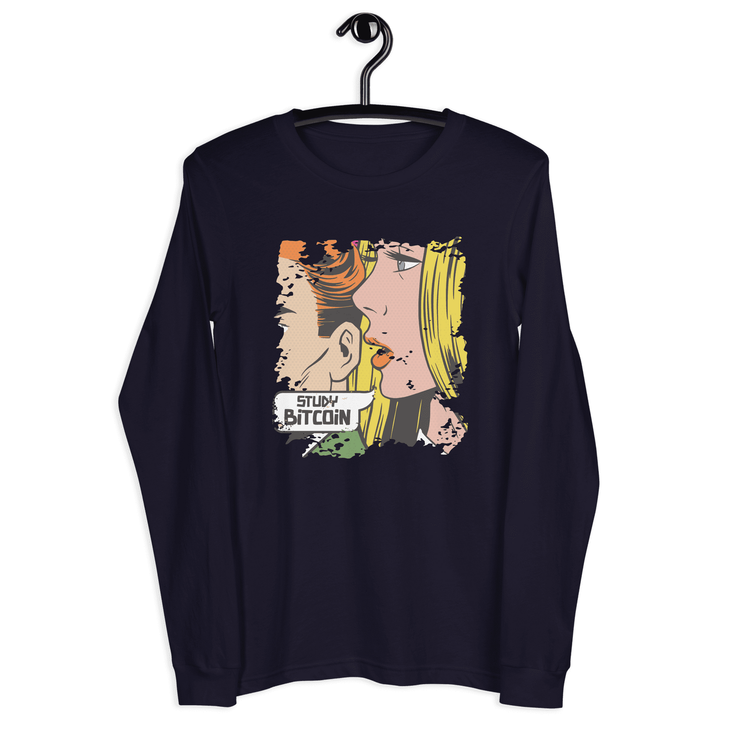 Front view of a navy colored bitcoin long sleeve tee.