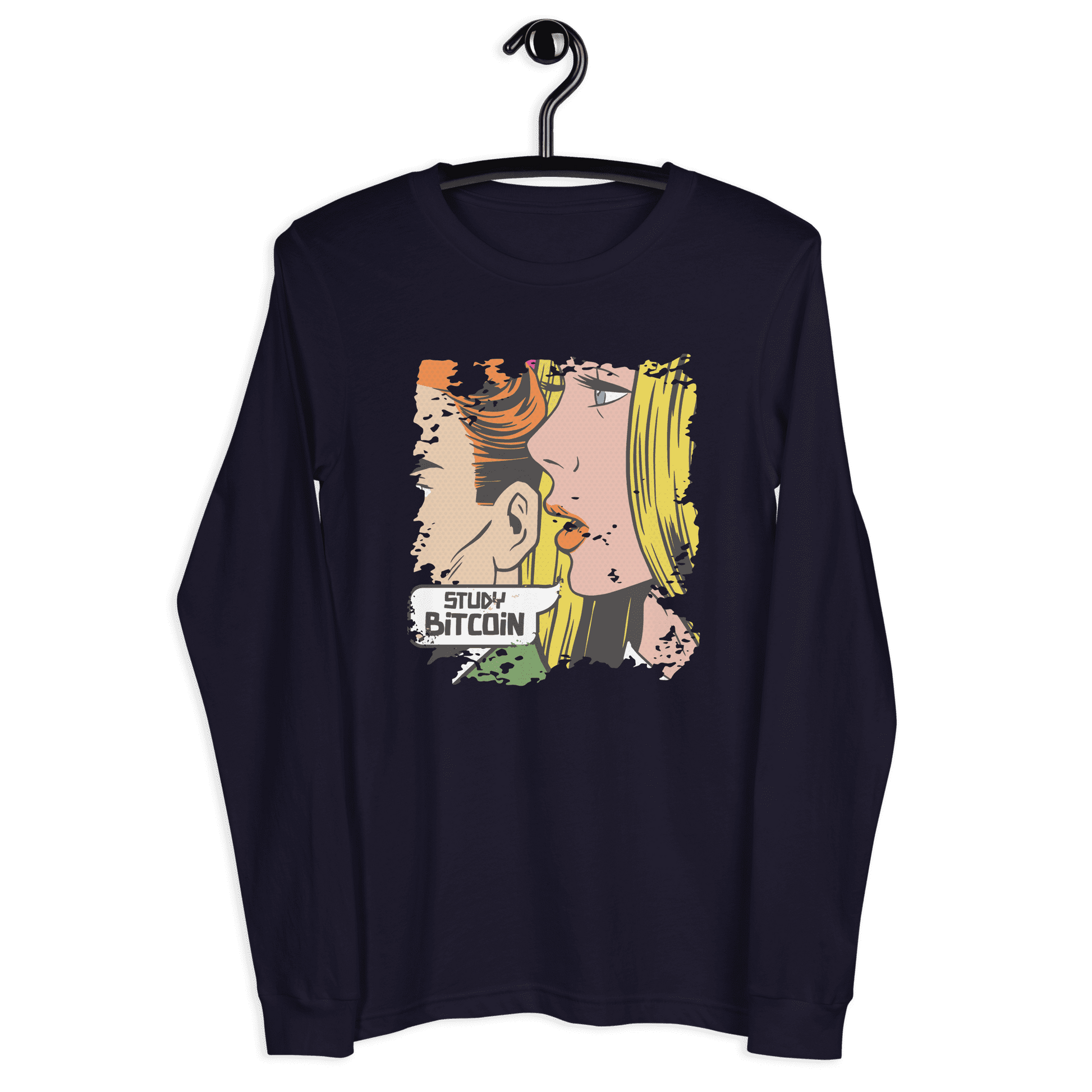 Front view of a navy colored bitcoin long sleeve tee.