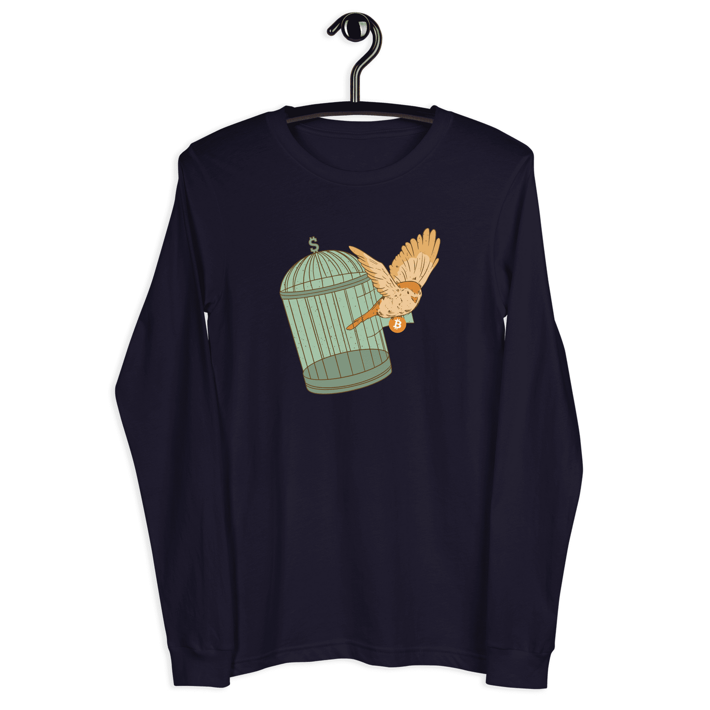 Front view of a navy colored bitcoin long sleeve tee.