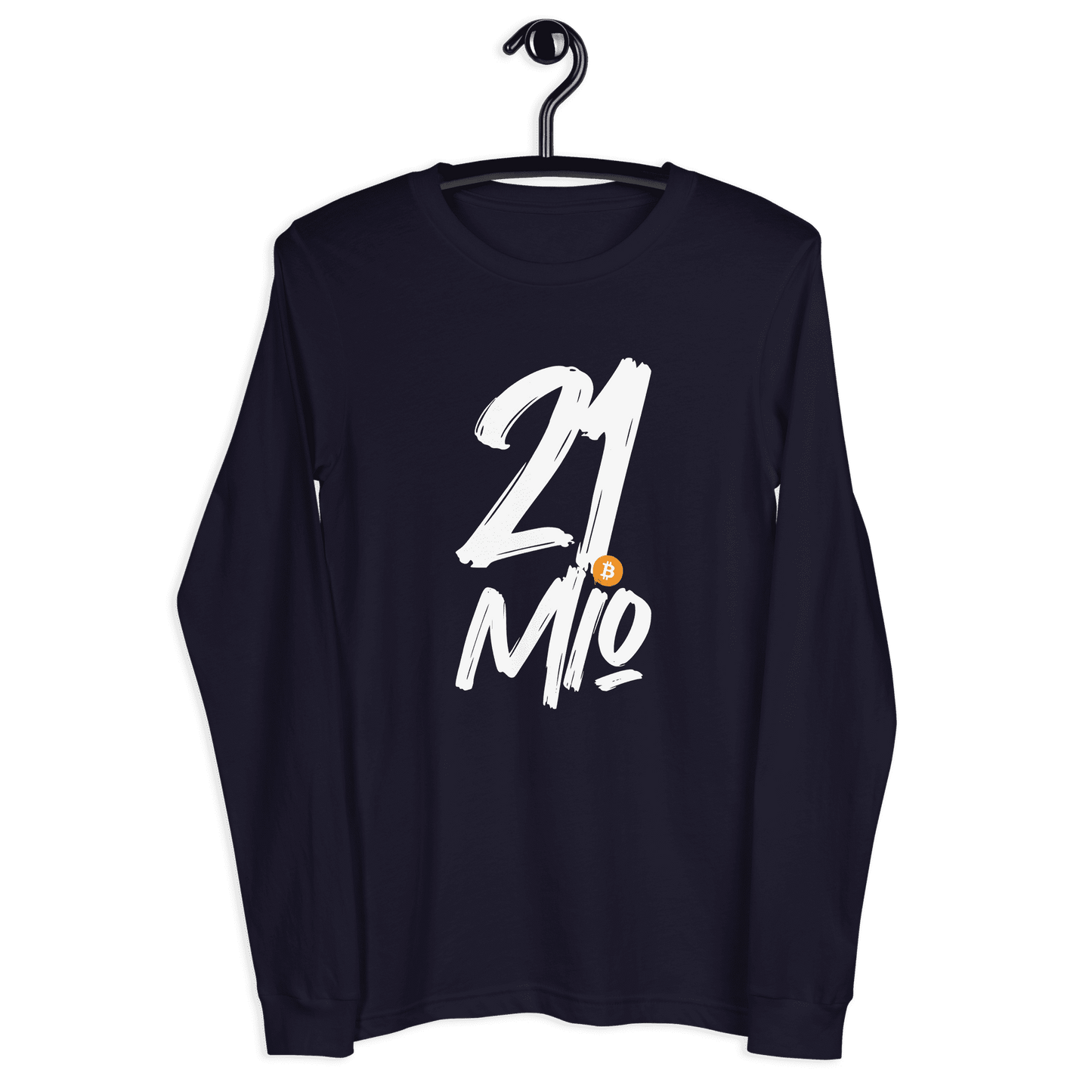 Front view of a navy colored bitcoin long sleeve tee.
