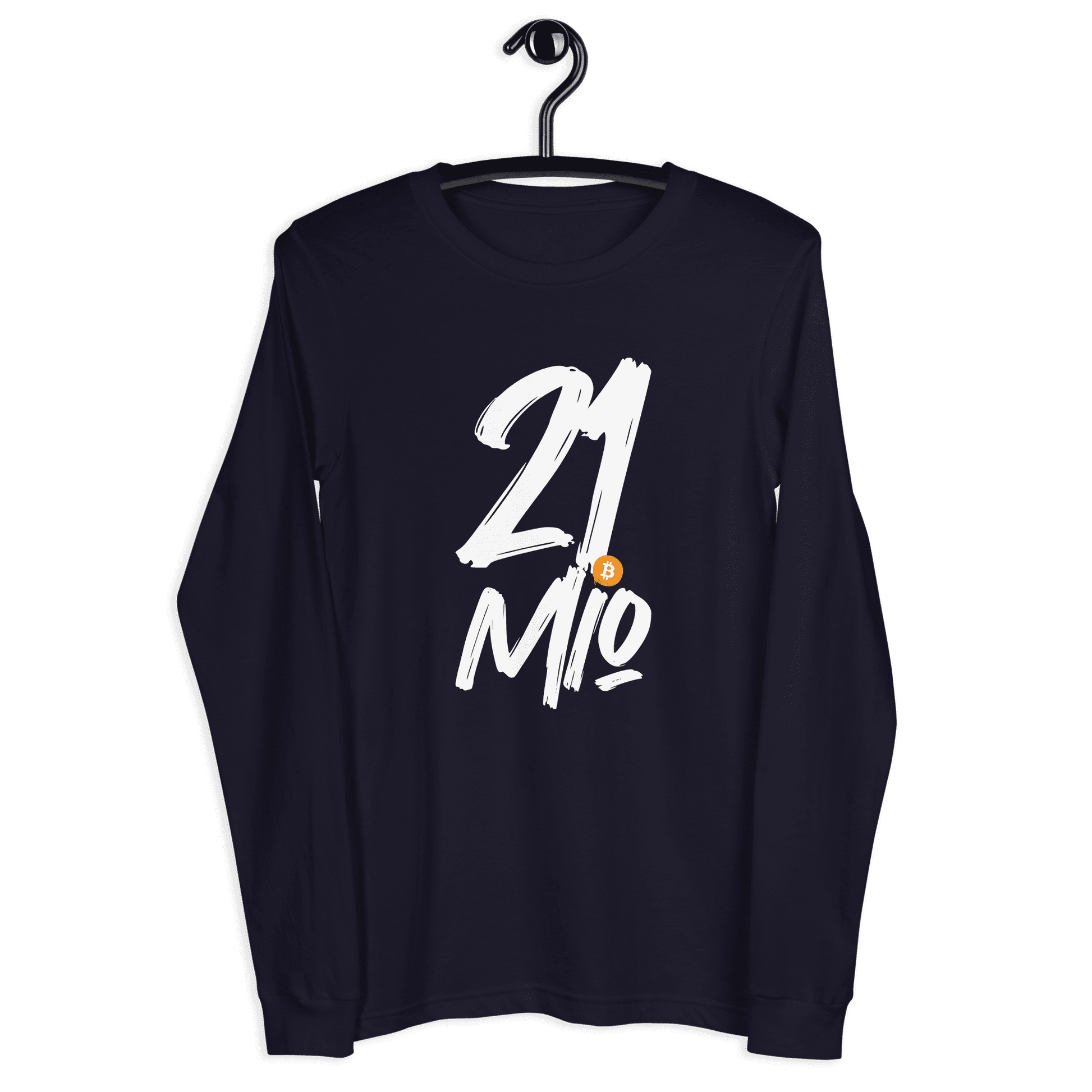 Front view of a navy colored bitcoin long sleeve tee.