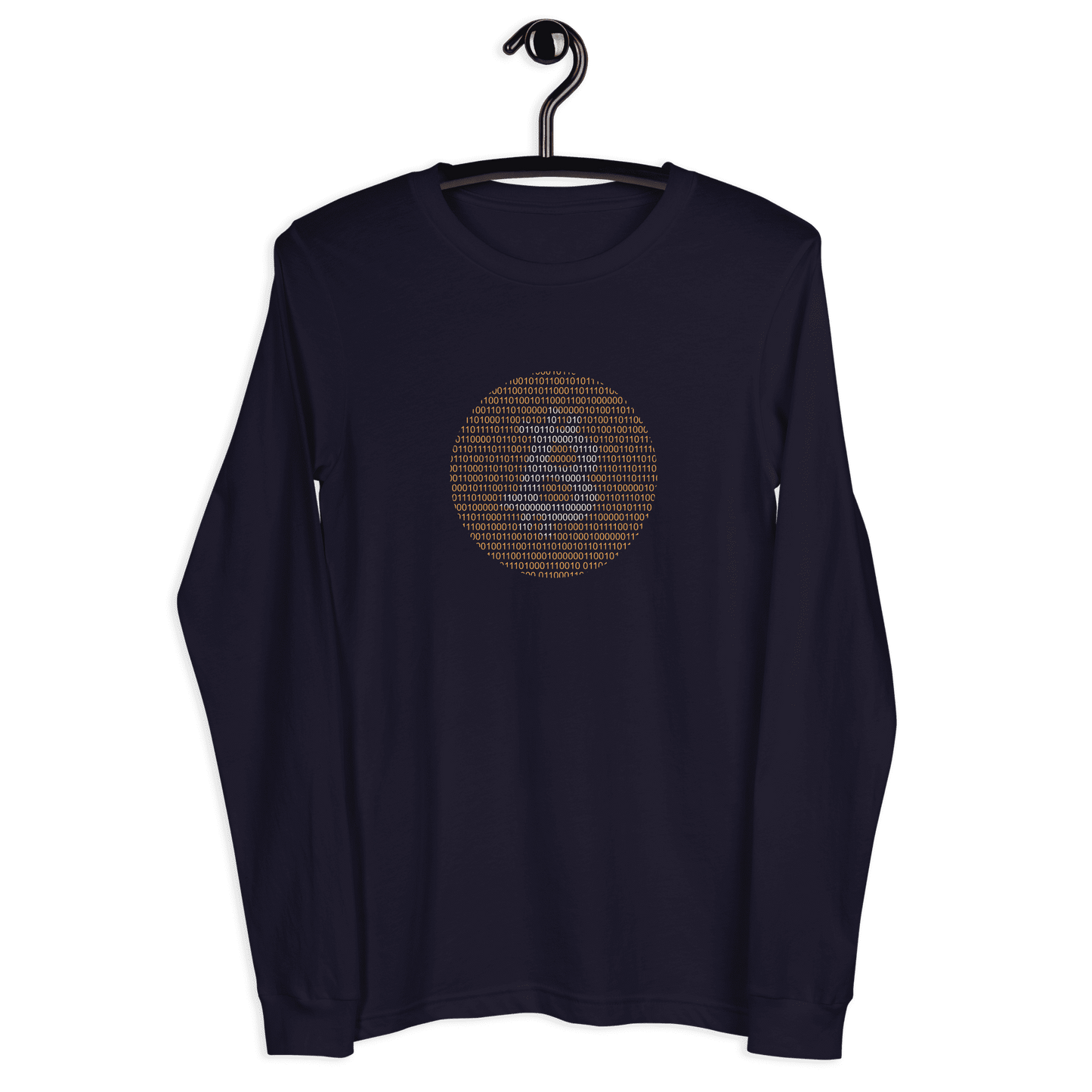 Front view of a navy colored bitcoin long sleeve tee.